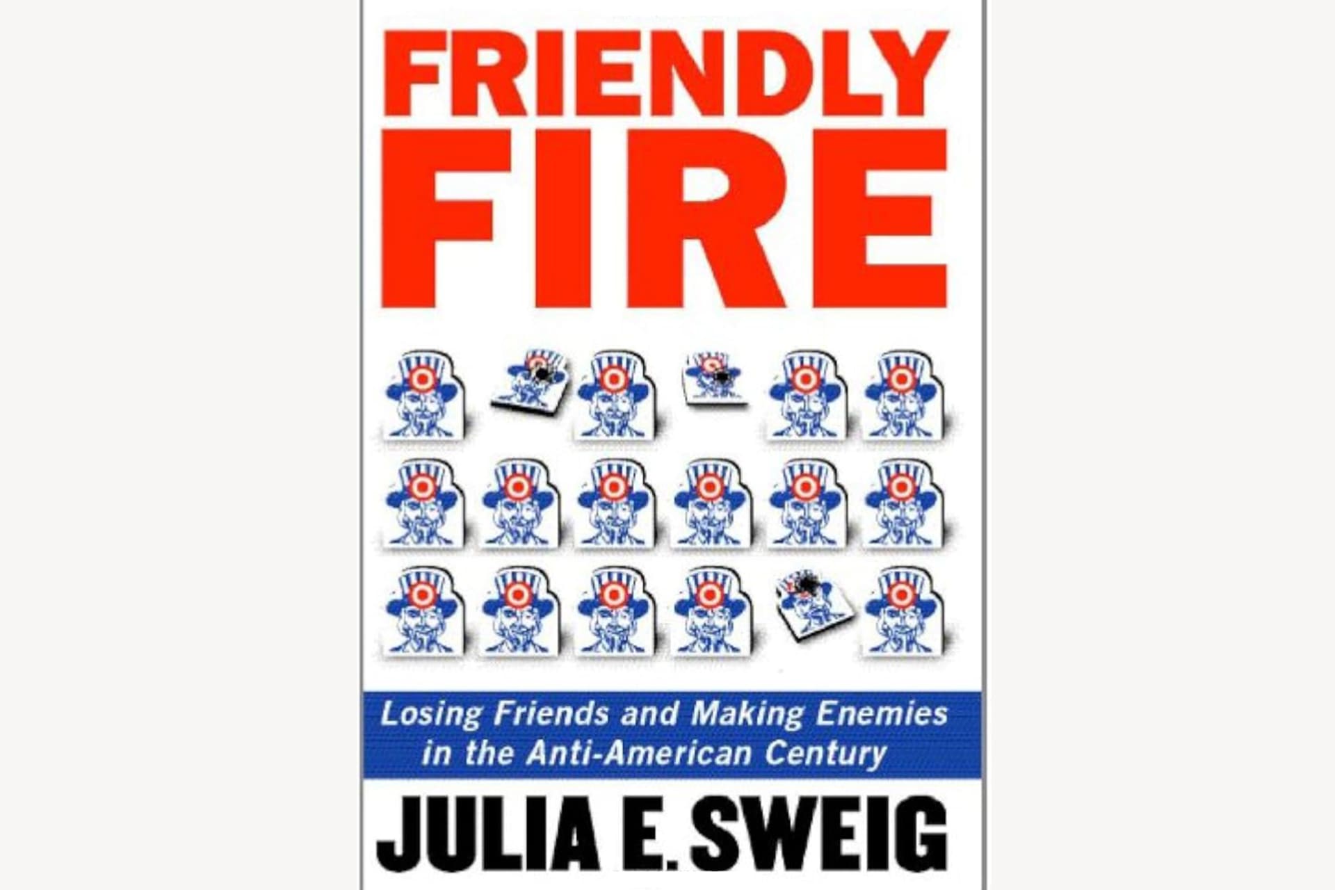A book cover showing cutouts of Uncle Sam with targets on their head; three of the Uncle Sams are knocked over showing that they were shot down. The text reads, "Friendly Fire: Misadventures Abroad and the Making of Anti-America".