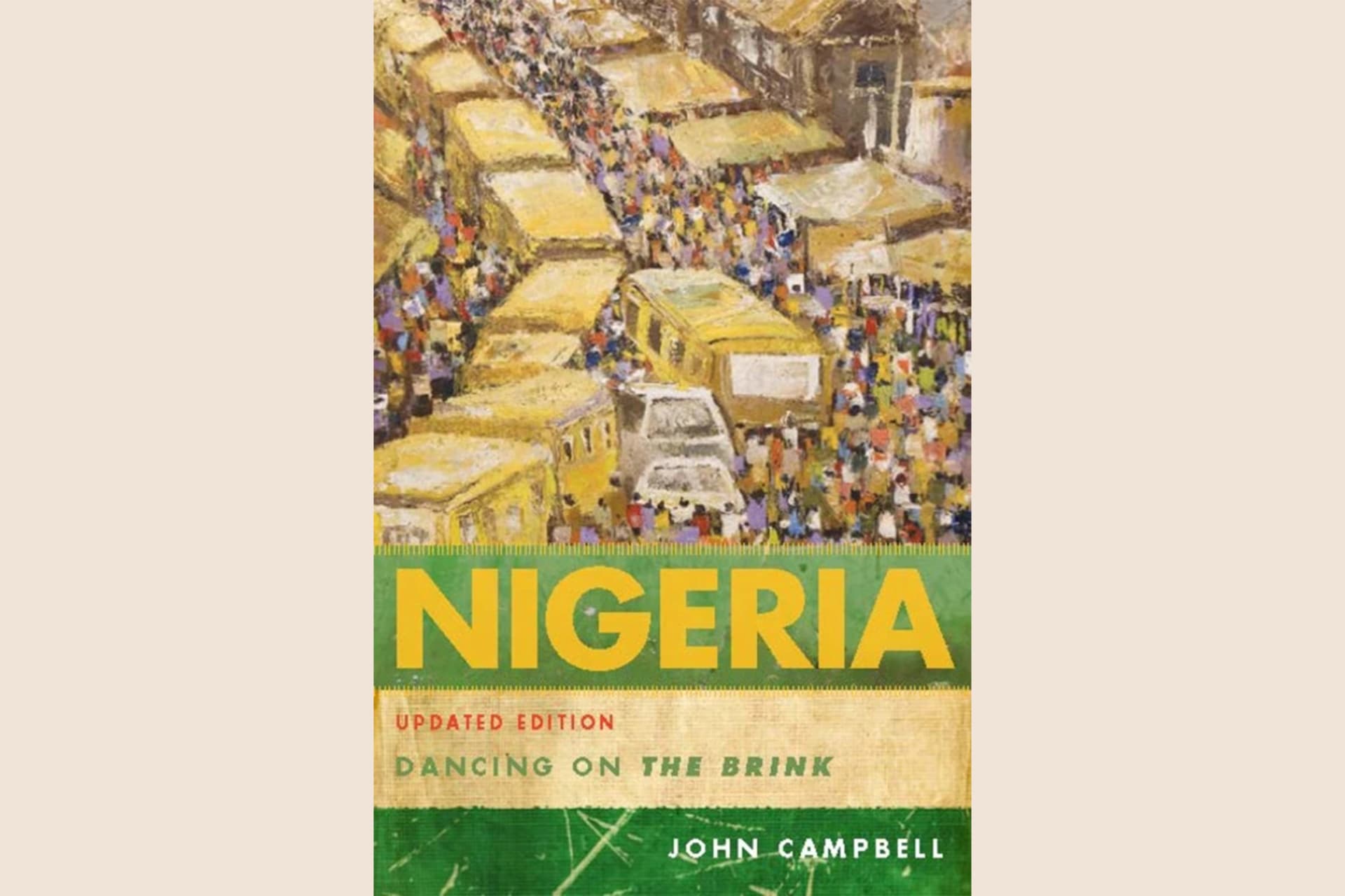 A book cover showing a painting of a crowded Nigerian city. The text reads, "Nigeria: Dancing on the Brink".