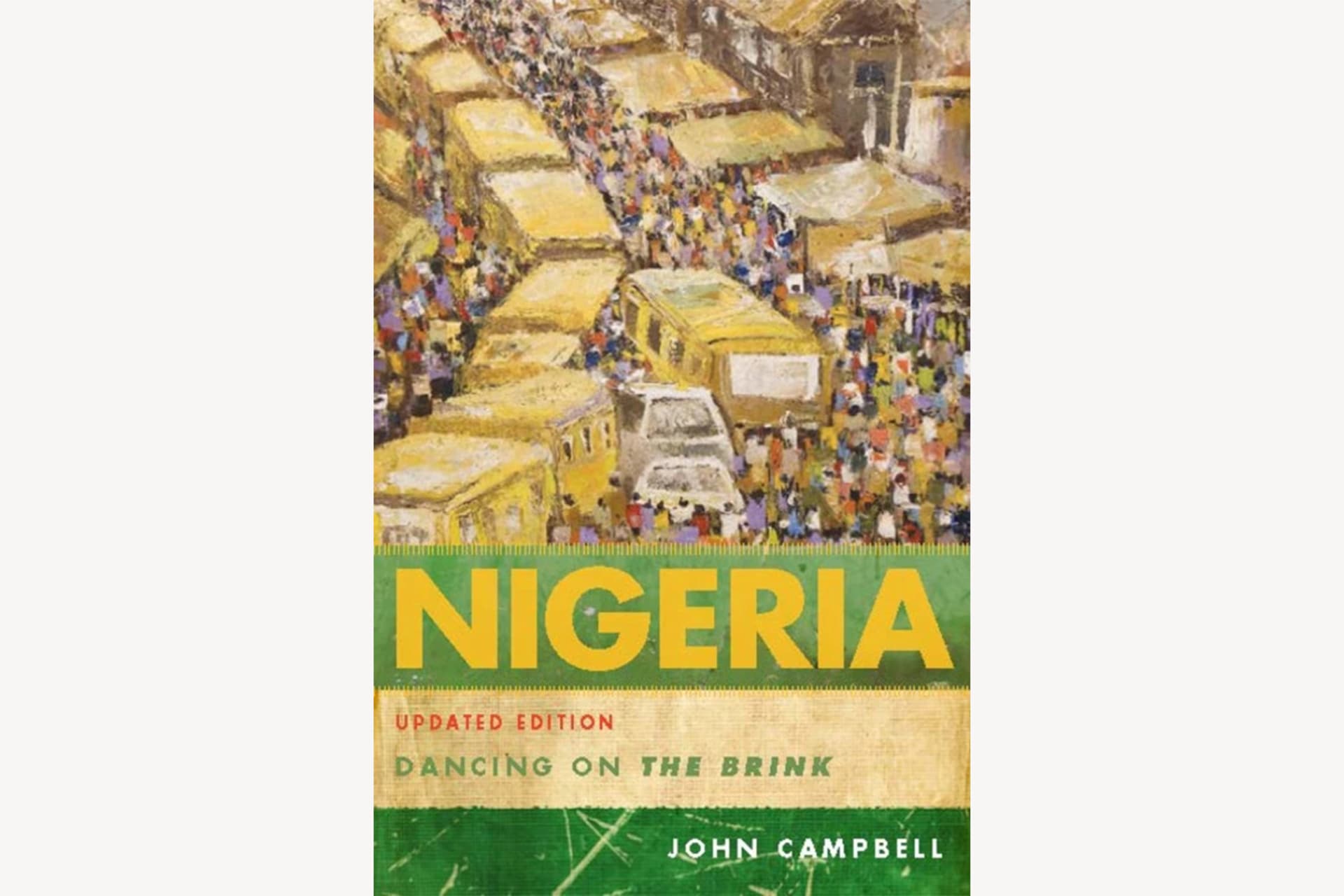 A book cover showing a painting of a crowded Nigerian city. The text reads, "Nigeria: Dancing on the Brink".