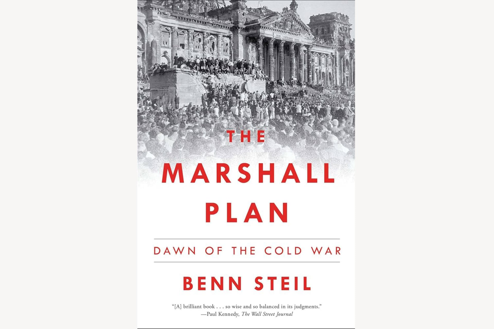 A book cover showing a black and white imager from the Cold War era and red text that reads, "The Marshall Plan: Dawn of the Cold War".
