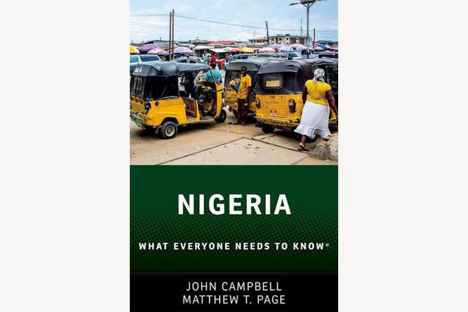A book cover showing a photograph of rickshaws in Nigeria. The text reads, "Nigeria: What Everyone Needs to Know".