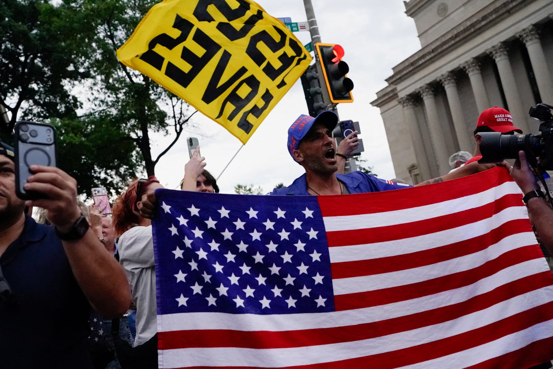 Protest on the sidelines of the Freedom 250's Salute to America celebration, in Washington