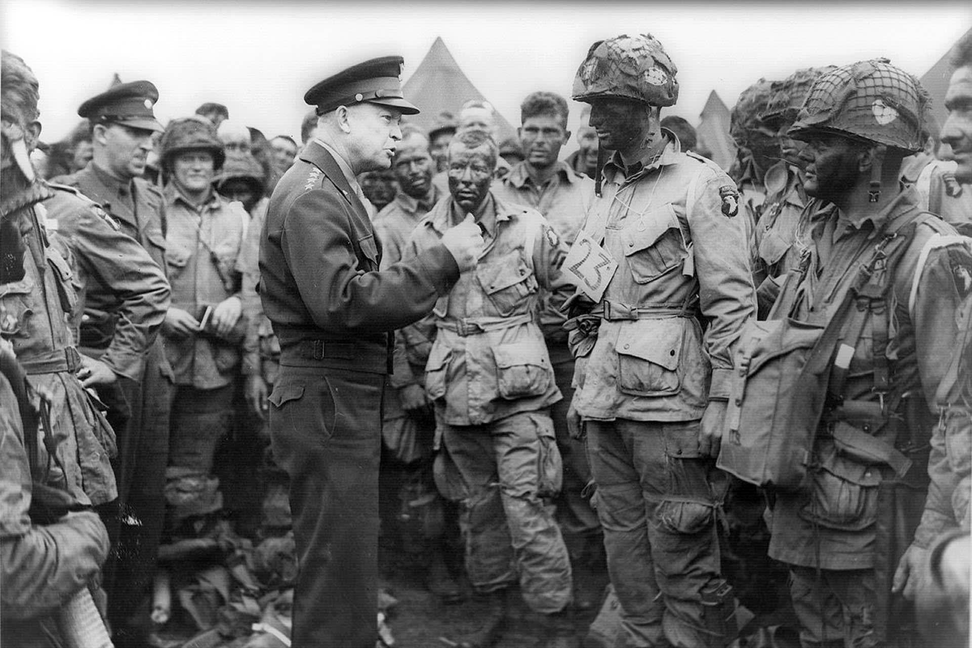 Handout photo of Allied forces Supreme Commander General Eisenhower speaking with U.S. Army paratroopers at Greenham Common Airfield in England