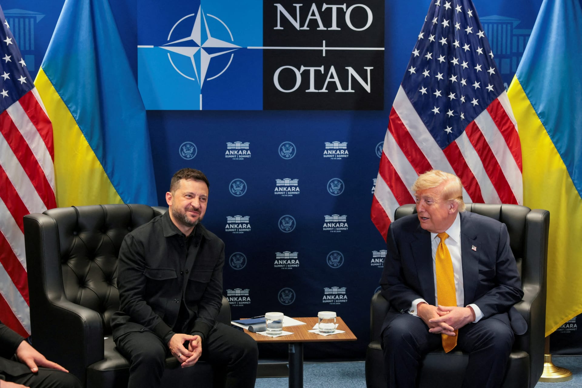 <p>U.S. President Donald Trump holds a bilateral meeting with Ukrainian President Volodymyr Zelenskyy alongside the NATO leaders summit in Ankara, Turkey, July 8, 2026. </p>