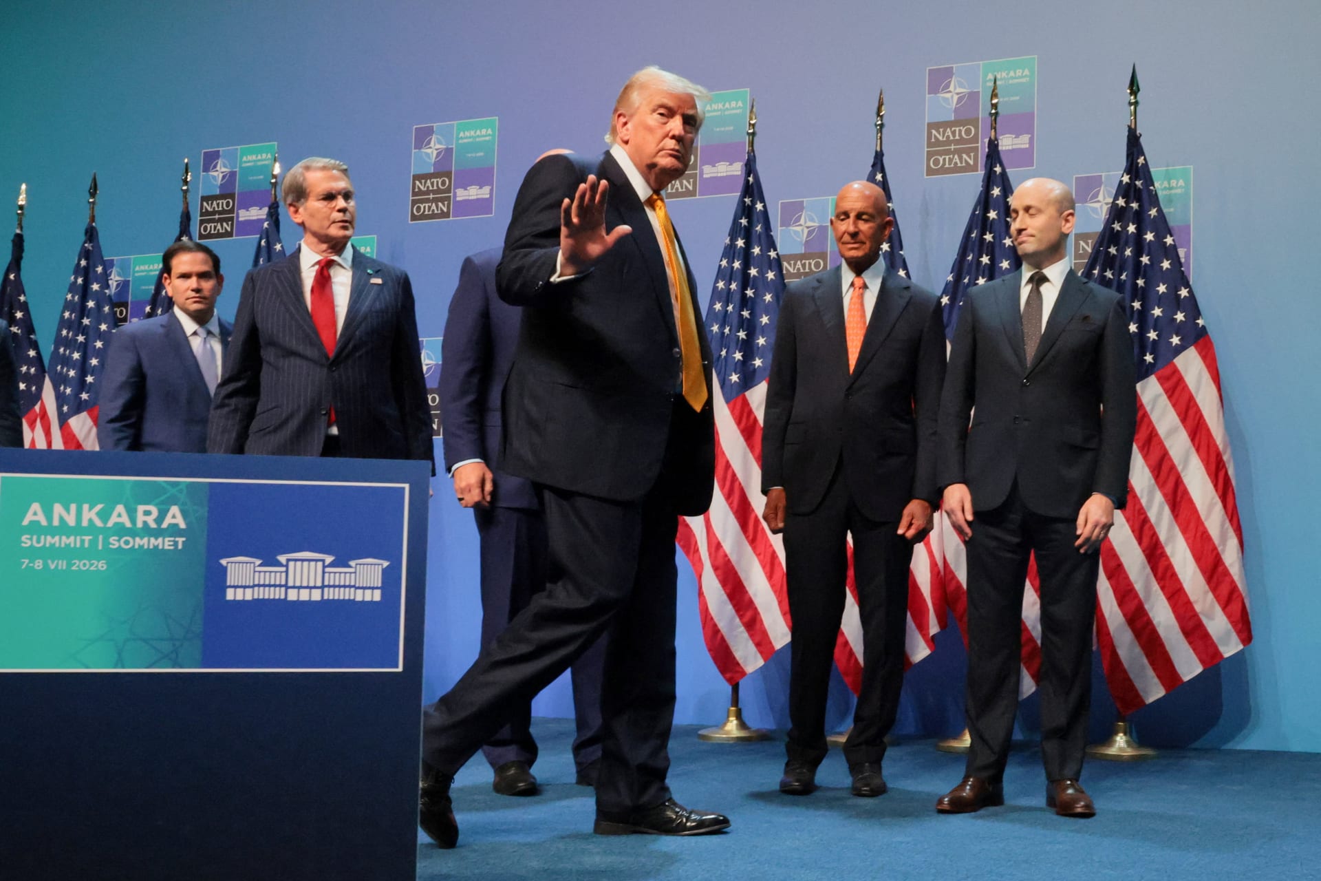 <p>U.S. President Donald Trump leaves after a press conference at the end of his participation in the NATO leaders summit in Ankara, Turkey, July 8, 2026.</p>
