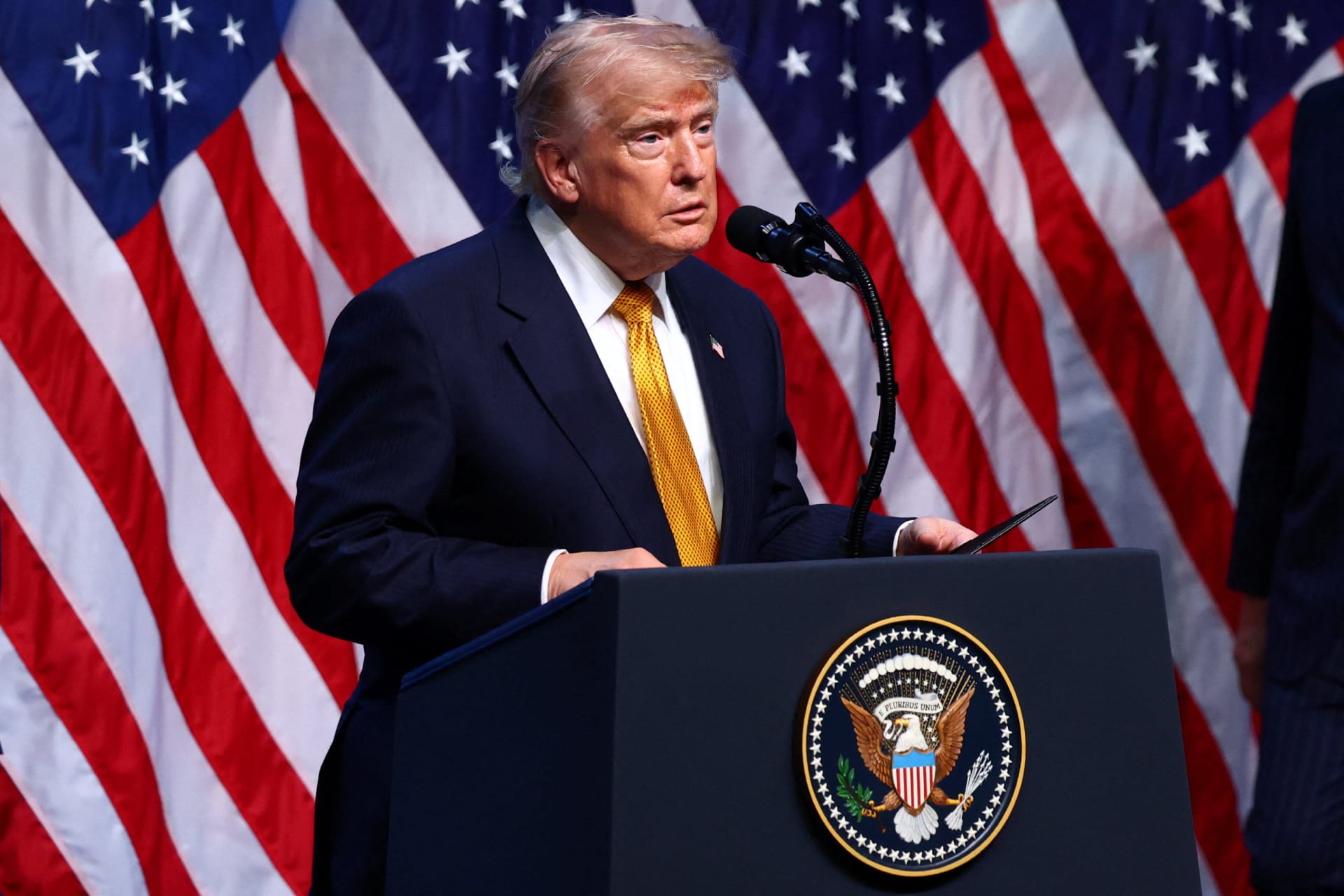 U.S. President Donald Trump speaks to the media at the end of his participation in the NATO leaders summit in Ankara, Turkey on July 8, 2026.
