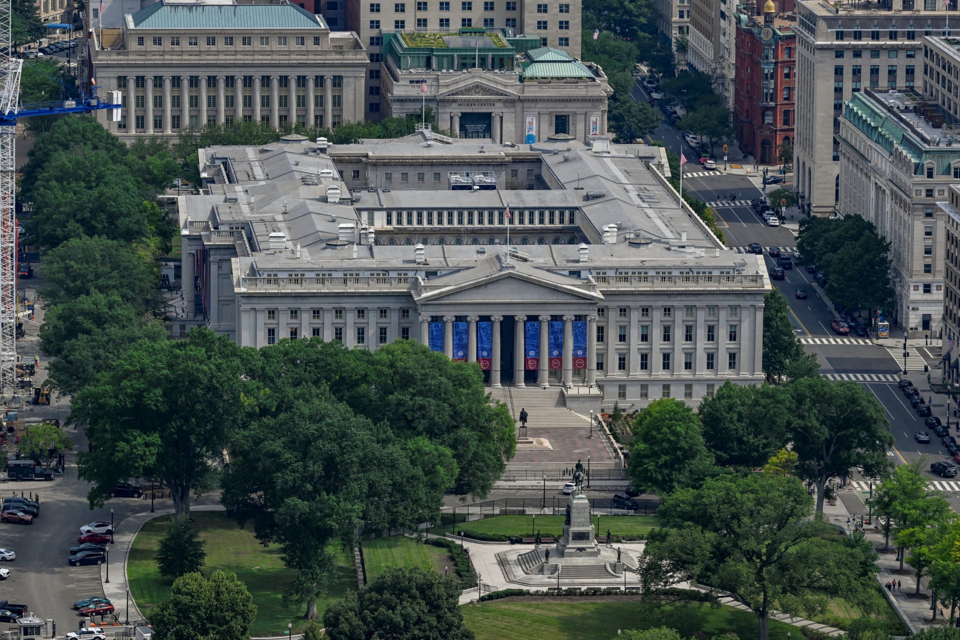 Aerial shot of the US Department of the Treasury Building in Washington, D.C., July 11, 2026.