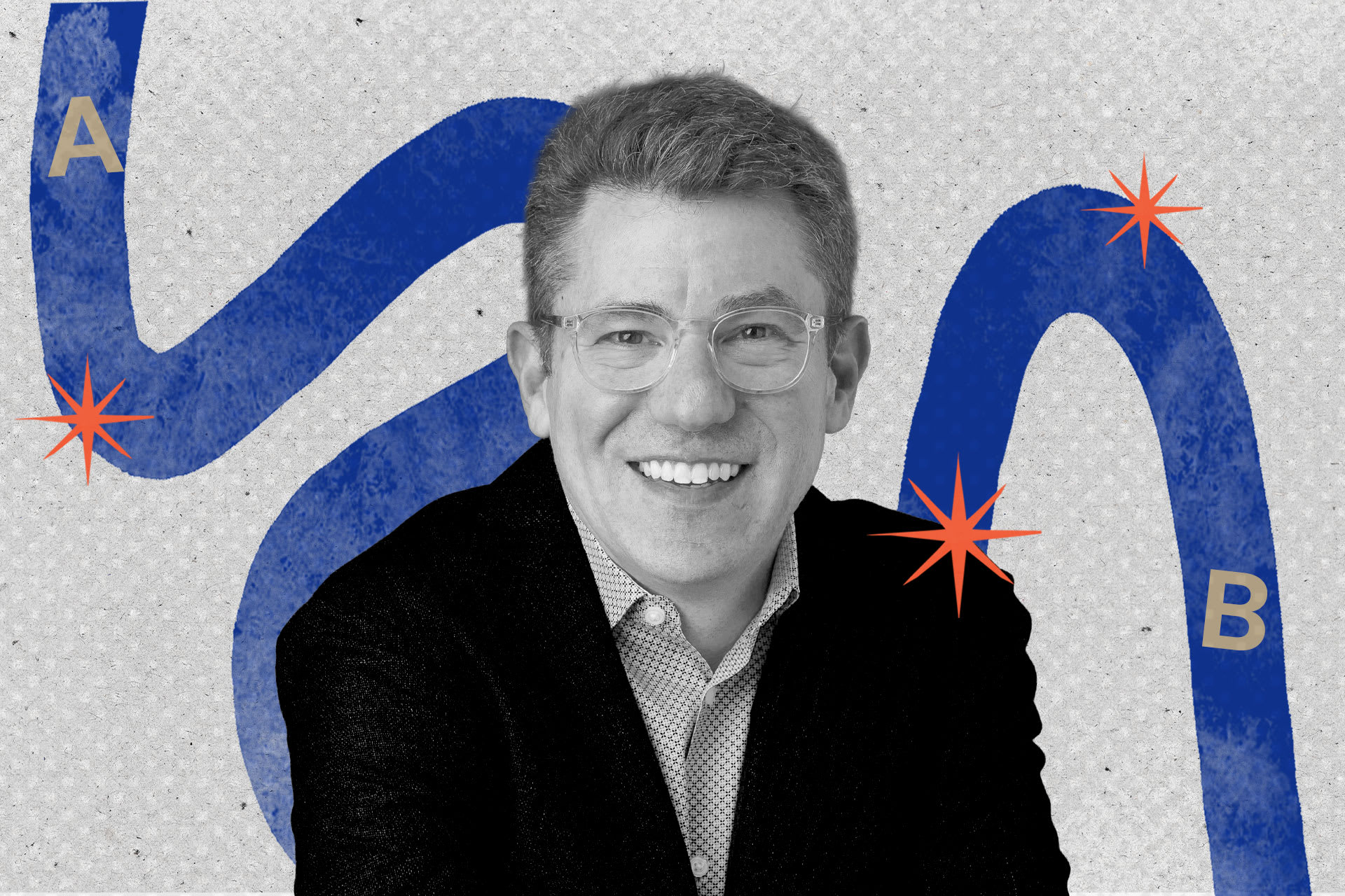 A black and white image of Steven Cook over a blue illustration.