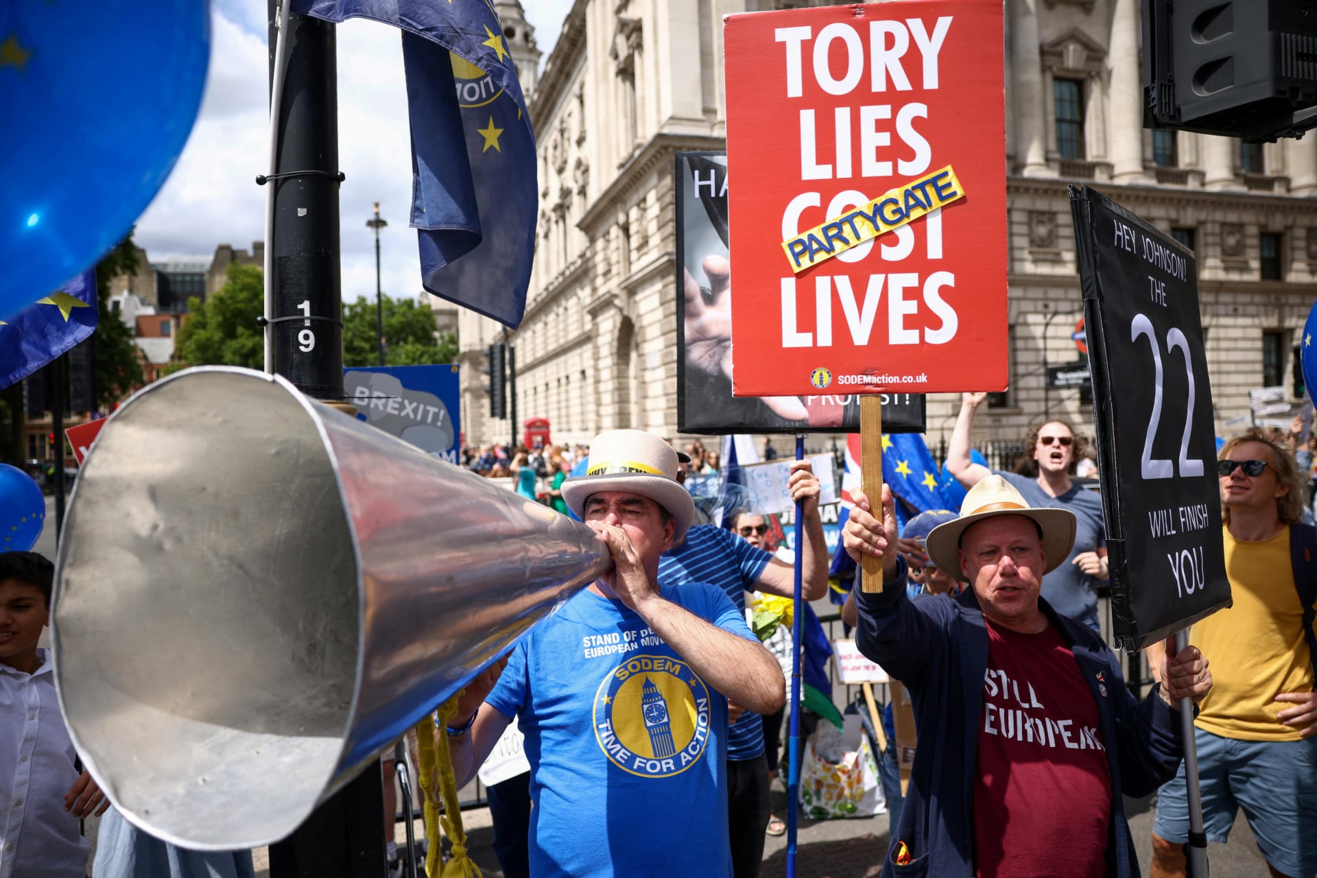 <p>Demonstrators protest against Prime Minister Boris Johnson and the “partygate” scandal in London on July 6, 2022.</p>