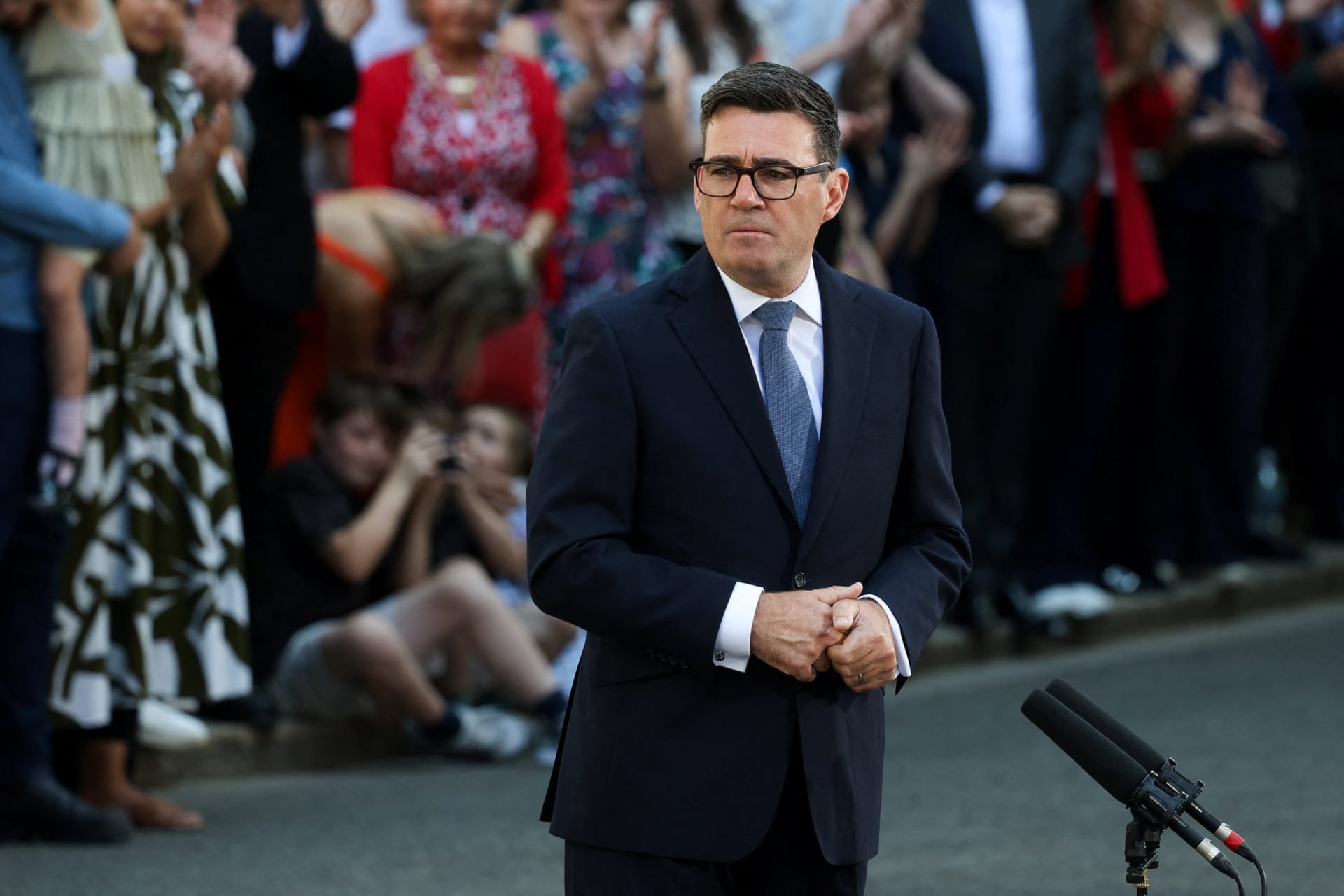 Britain's newly appointed Prime Minister Andy Burnham delivers a speech outside 10 Downing Street after taking office, in London, Britain, July 20, 2026.