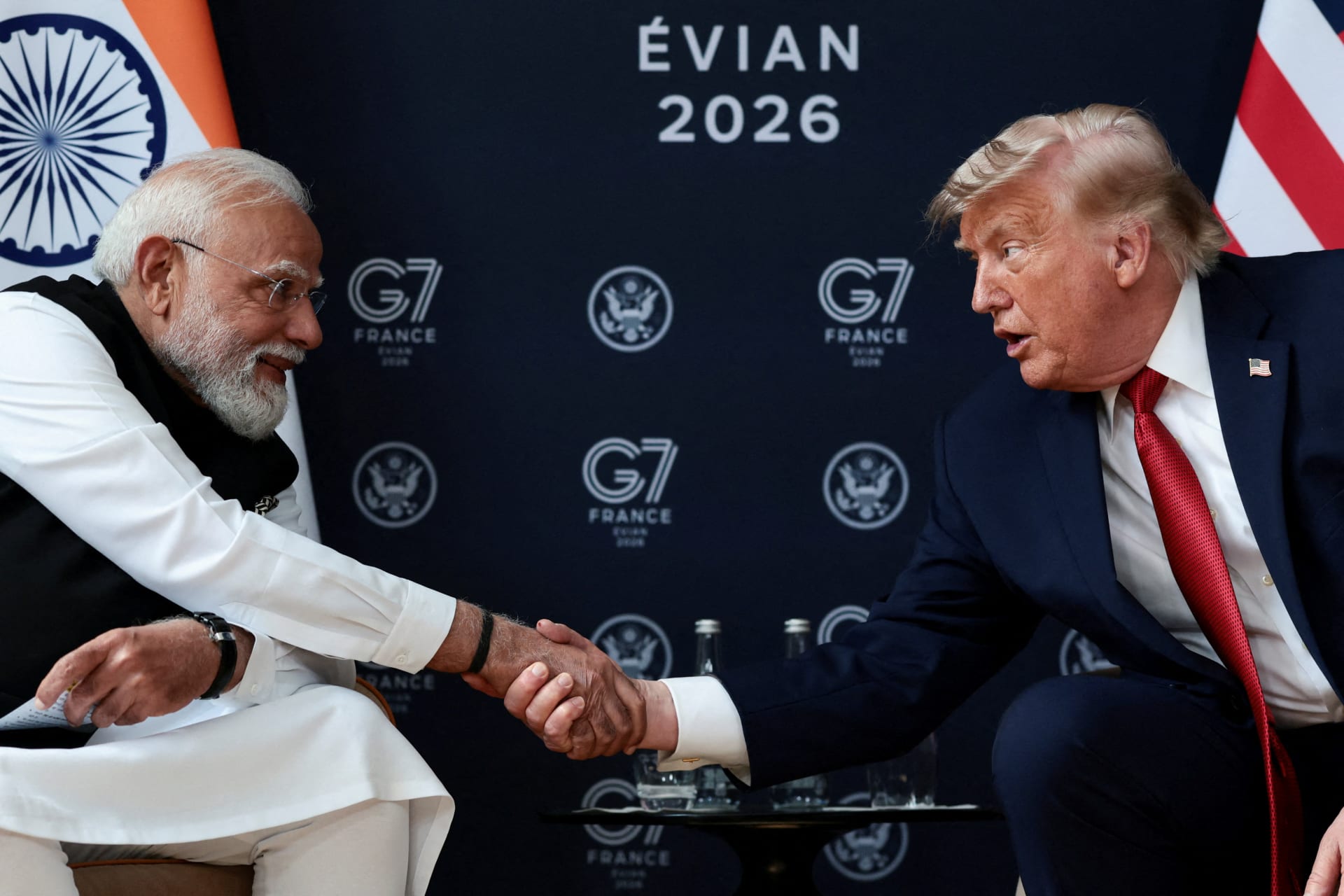 U.S. President Donald Trump shakes hands with Indian Prime Minister Narendra Modi as they attend a bilateral meeting during the G7 Summit in Evian-les-Bains, France, June 17, 2026.