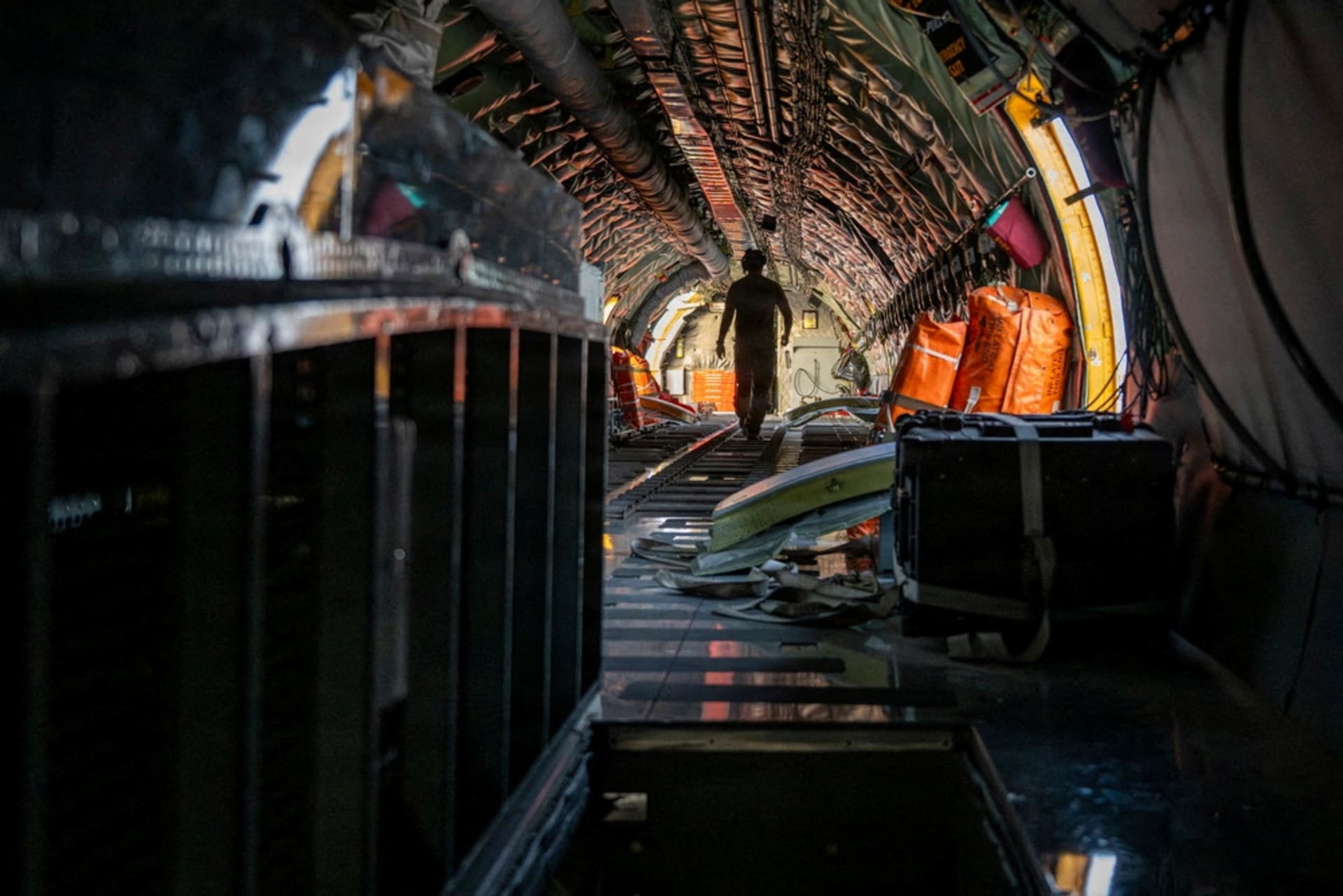 A U.S. Air Force boom operator performs a pre-flight inspection of a KC-135 Stratotanker at a base in the U.S. Central Command area of responsibility on May 27, 2026.