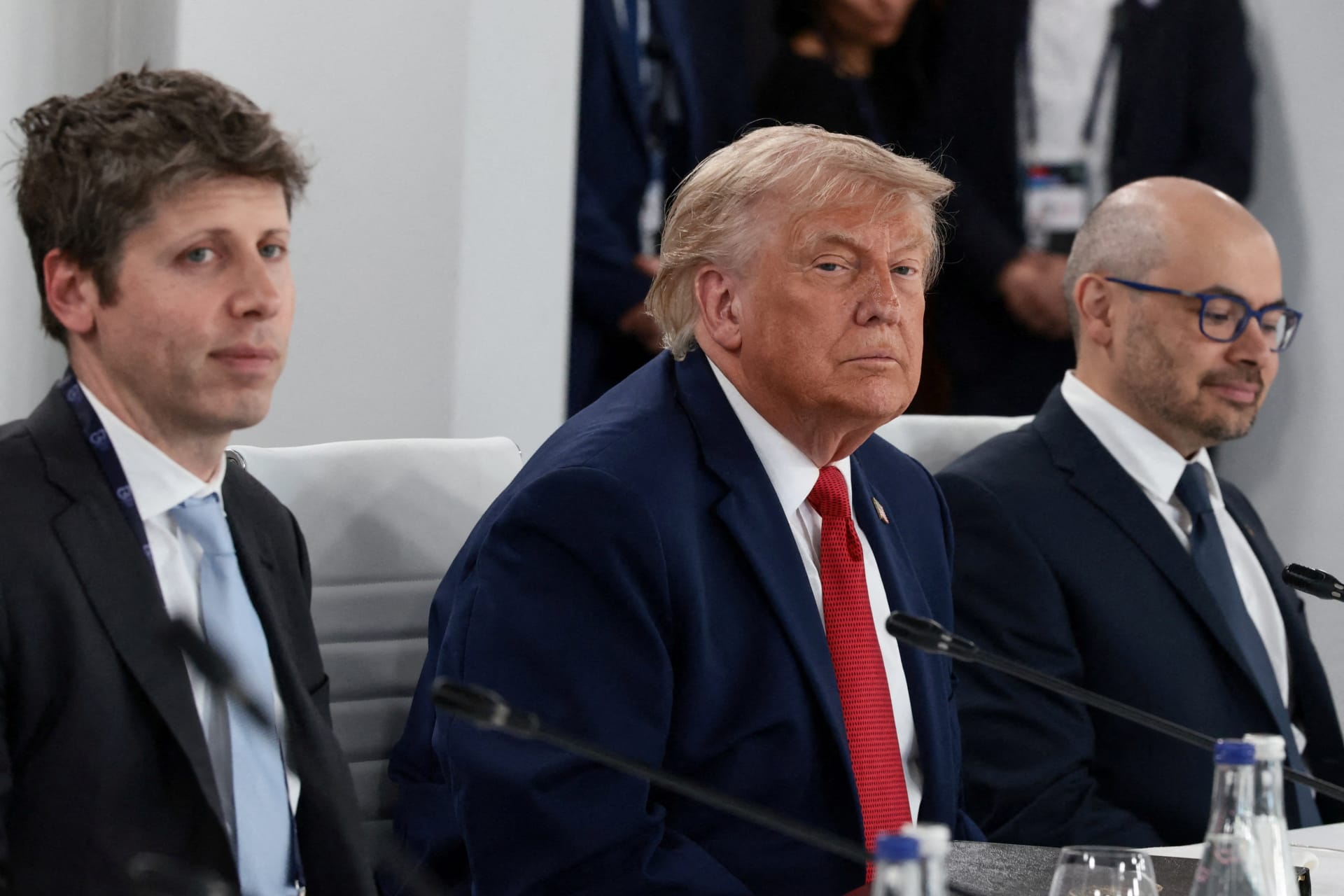 U.S. President Donald Trump, OpenAI CEO Sam Altman and Google DeepMind CEO Demis Hassabis attend a working lunch with G7 leaders, G7 outreach partners and global tech CEOs on innovation and AI during the G7 Summit in Evian-les-Bains, France on June 17, 2026.