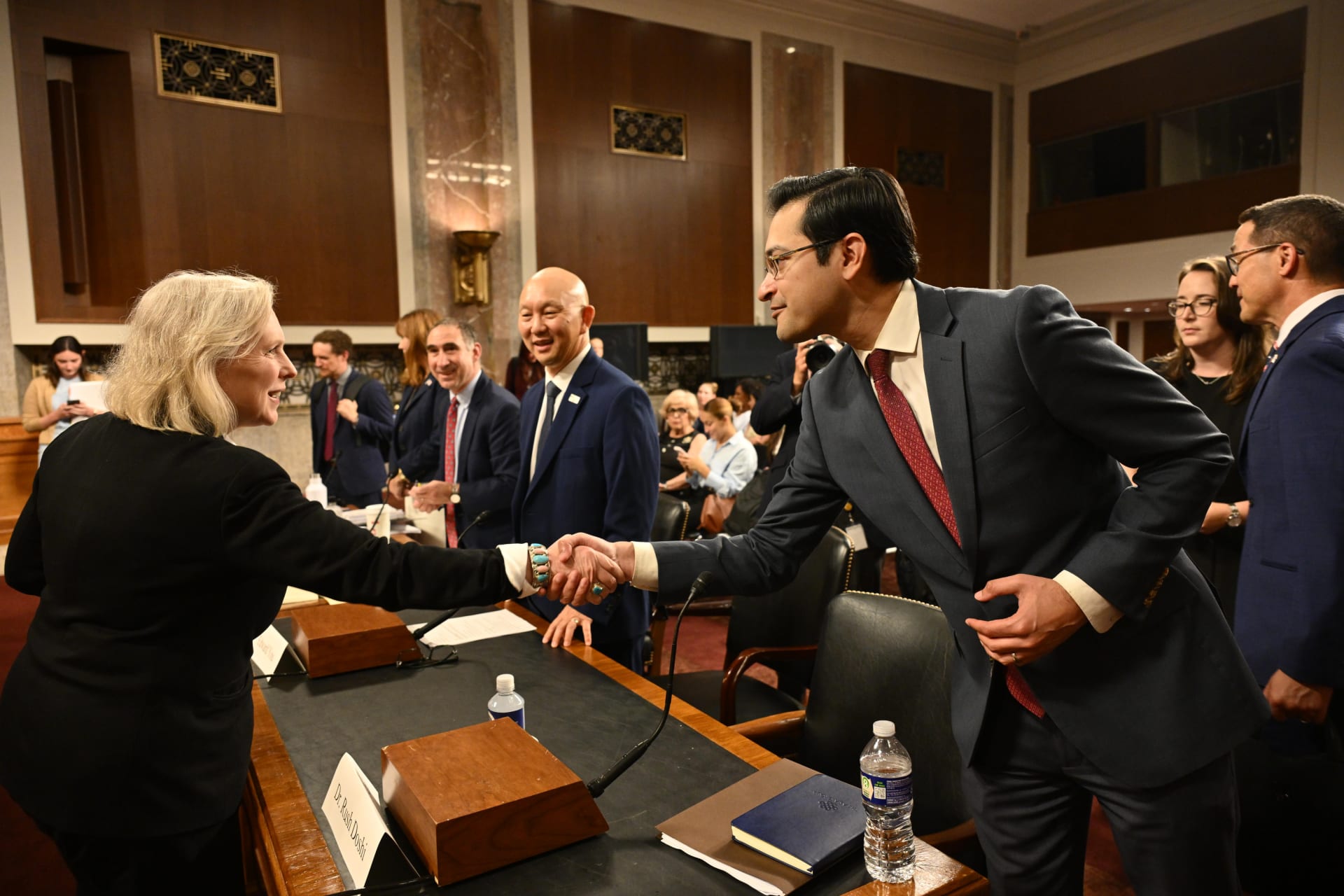 Dr. Doshi and Senator Gillibrand at the Senate Special Committee on Aging hearing titled "Behind the Label: Foreign Ownership and Control in America's Drug Supply Chain."