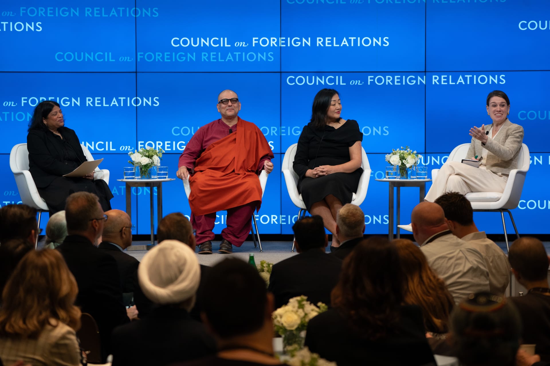 <p>Religion News Service Events host Niala Boodhoo, Dalai Lama Center for Ethics and TransformativeValues Founding President and CEO Tenzin Priyadarshi Rinpoche, UN Development Program Artificial Intelligence Trust and Safety Advisor Jennifer Louie, and CFR Senior Fellow for Digital and CyberspacePolicy and Director of CFR’s LEAD AI Initiative Kat Duffy discuss faith, ethics, and artificial intelligence at the 2026 Religion and Foreign Policy Workshop.</p>
