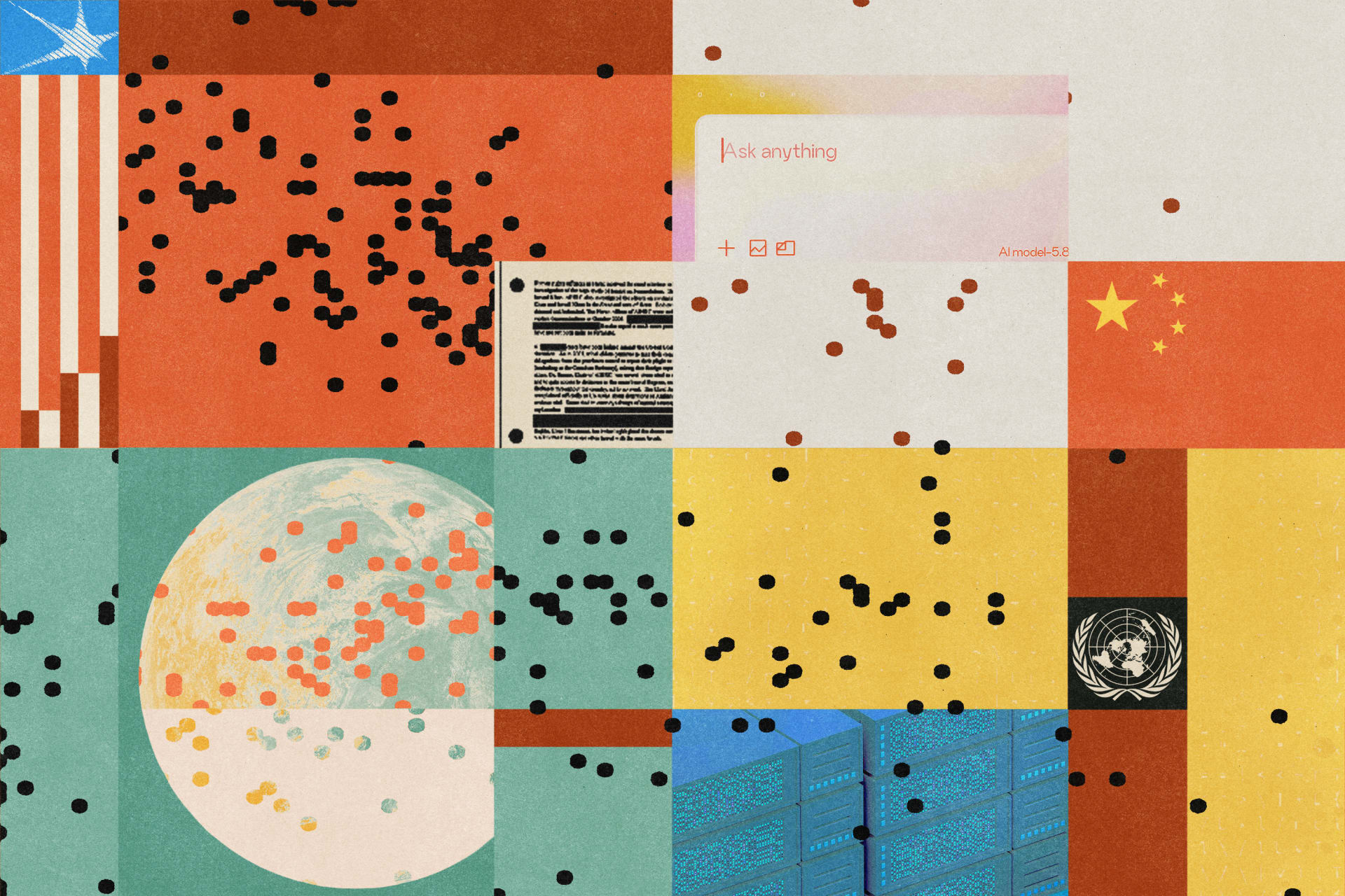 Collage of the four worlds mentioned here, with the 2x2 scatterplot results from the survey overlayed
