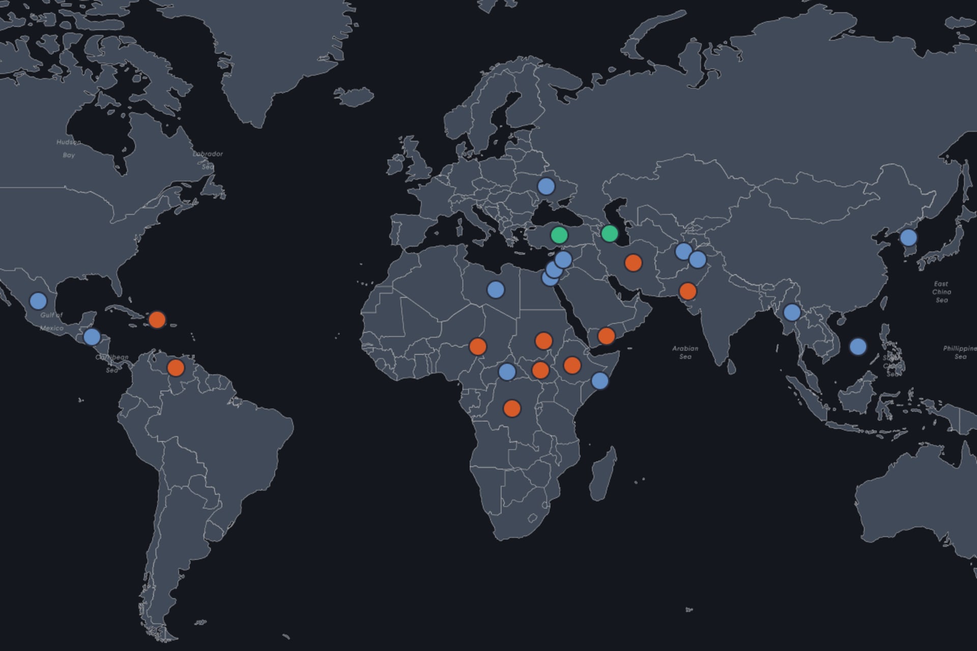 Image of the Global Conflict Tracker map of the world with different color dots overlaid representing conflicts being tracked and what their status is.