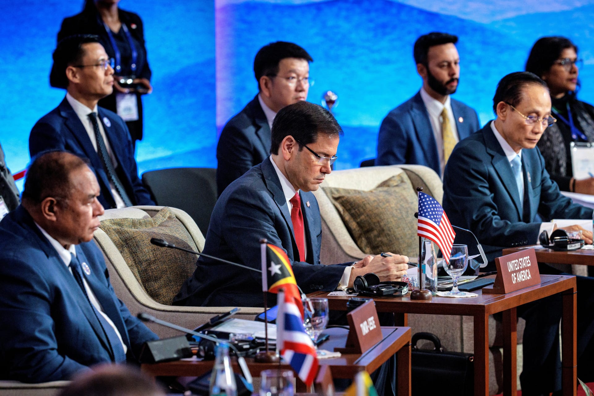 Timor-Leste Foreign Minister Bendito Freitas, US Secretary of State Marco Rubio, and Vietnam Foreign Minister Le Hoai Trung sit in plush chairs at the 33rd ASEAN Regional Forum.