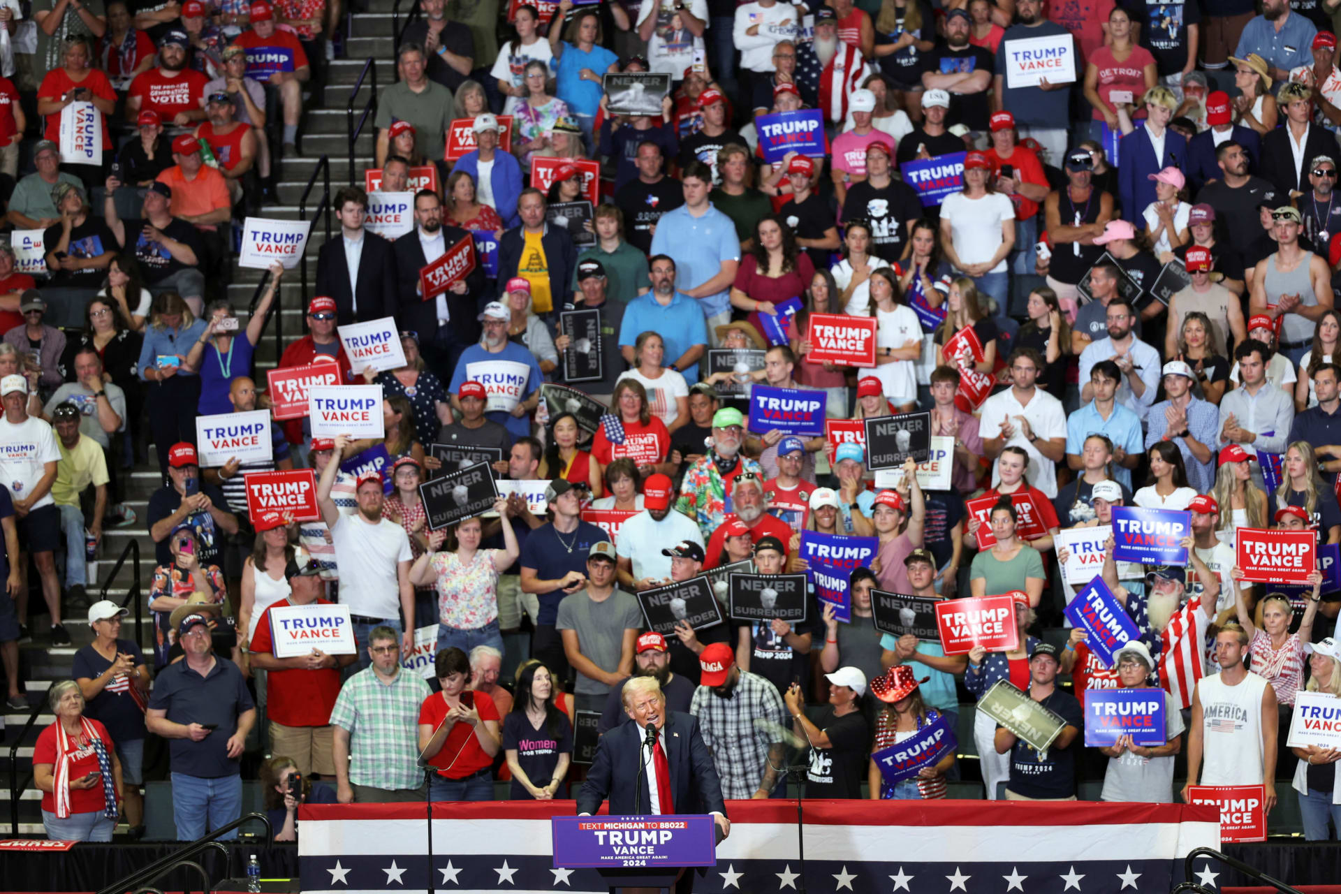 <p>Republican presidential nominee Donald Trump leads a campaign rally in Grand Rapids, Michigan, on July 20, 2024.</p>