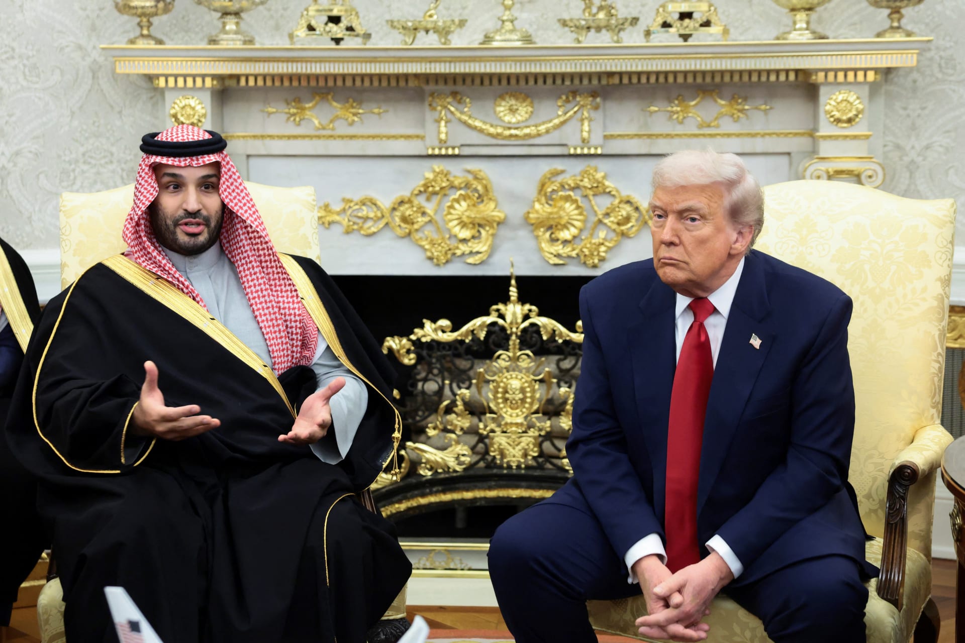 Saudi Crown Prince and Prime Minister Mohammed bin Salman speaks during a meeting with U.S. President Donald Trump in the Oval Office at the White House in Washington, D.C., U.S., November 18, 2025.