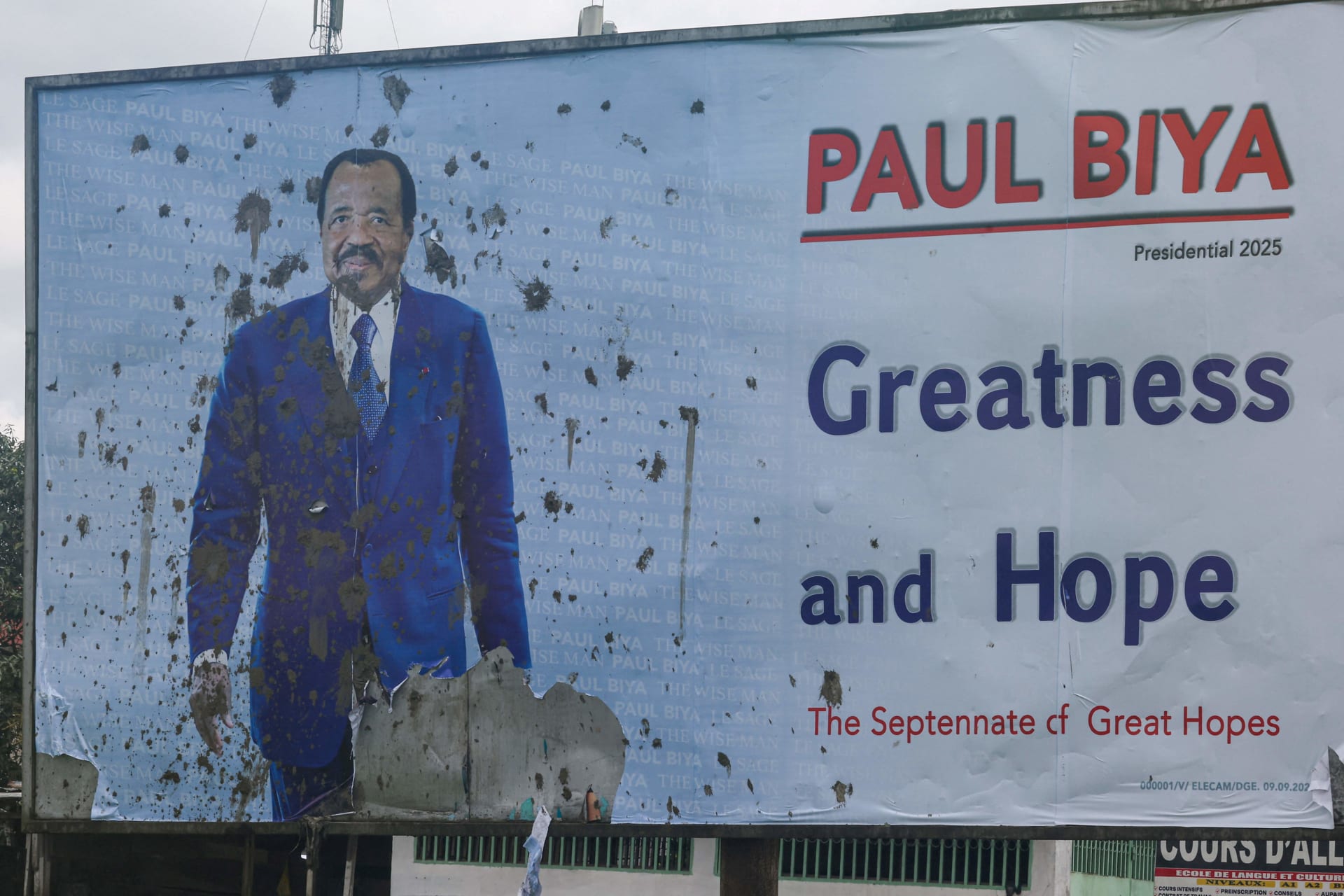 <p>A vandalized campaign billboard of Cameroon’s President Paul Biya after the Constitutional Council declared him as the winner of the October 12 presidential election in Douala, Cameroon on October 27, 2025.</p>
