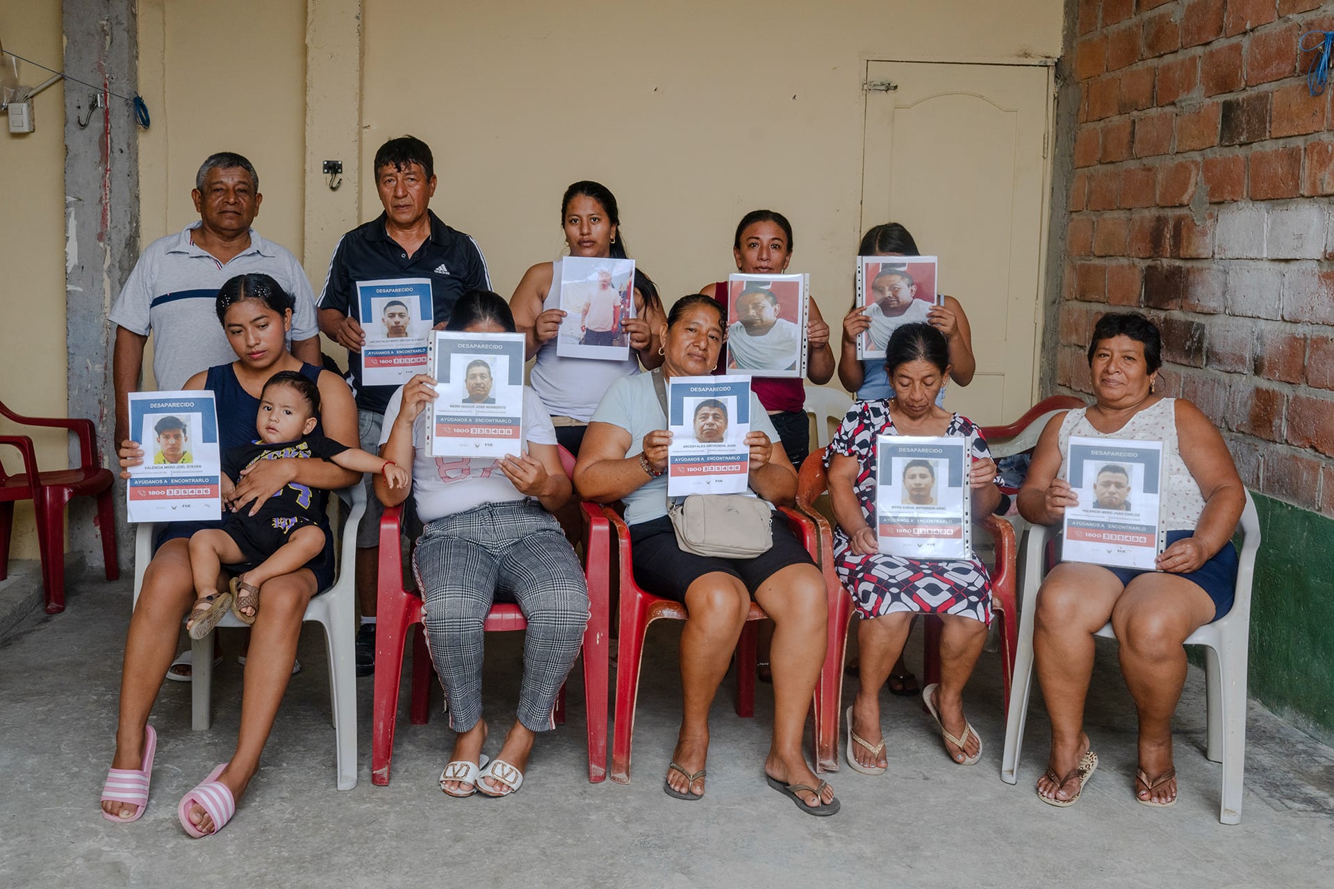 Mothers and relatives of missing fishermen from the vessel Fiorella pose for a portrait inside a family home in Jaramijó, Ecuador, one of the country's most important fishing ports along the Pacific coast, on Sunday, June 7, 2026.