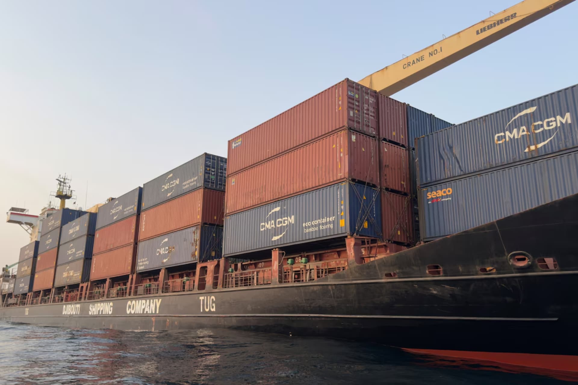 A container ship anchored near the Bab el-Mandeb Strait off Yemen’s coast on Aug. 6.