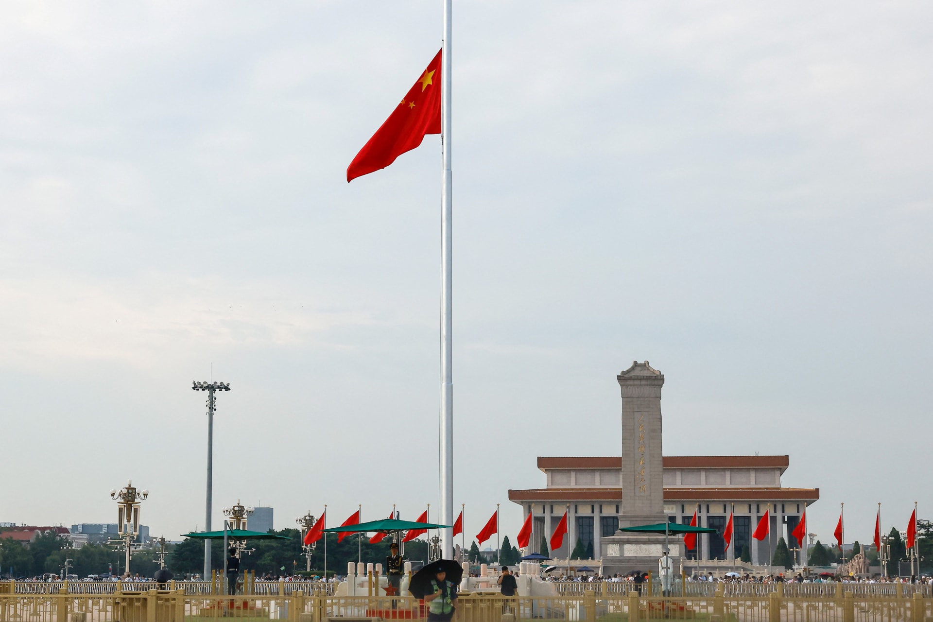 Chinese flag at Tiananmen Square flies at half-mast in memory of the late former Chinese Premier Zhu Rongji, who passed away last Wednesday, in Beijing