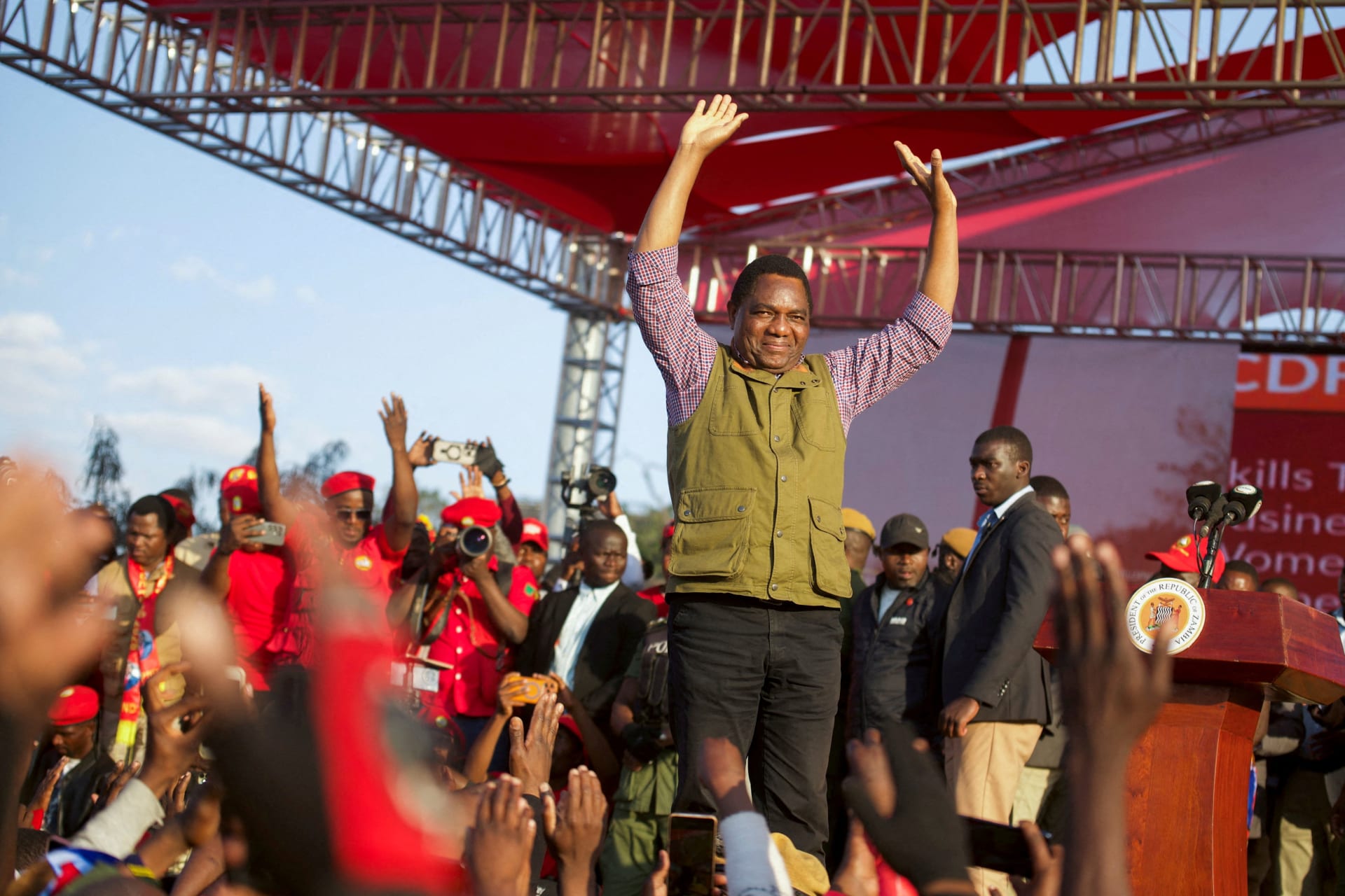 <p>President Hakainde Hichilema greets United Party for National Development supporters during their election campaign launch in Lusaka, Zambia on June 28, 2026.</p>
