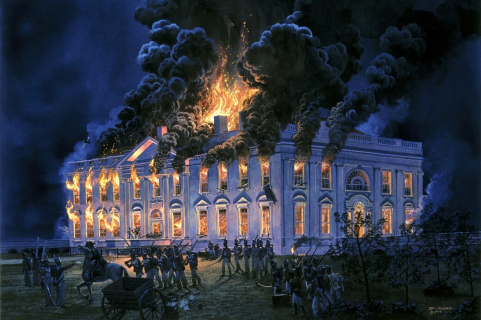 <p>“Days of Destruction” by Tom Freeman, depicting the British burning of the White House, 2004.</p>
