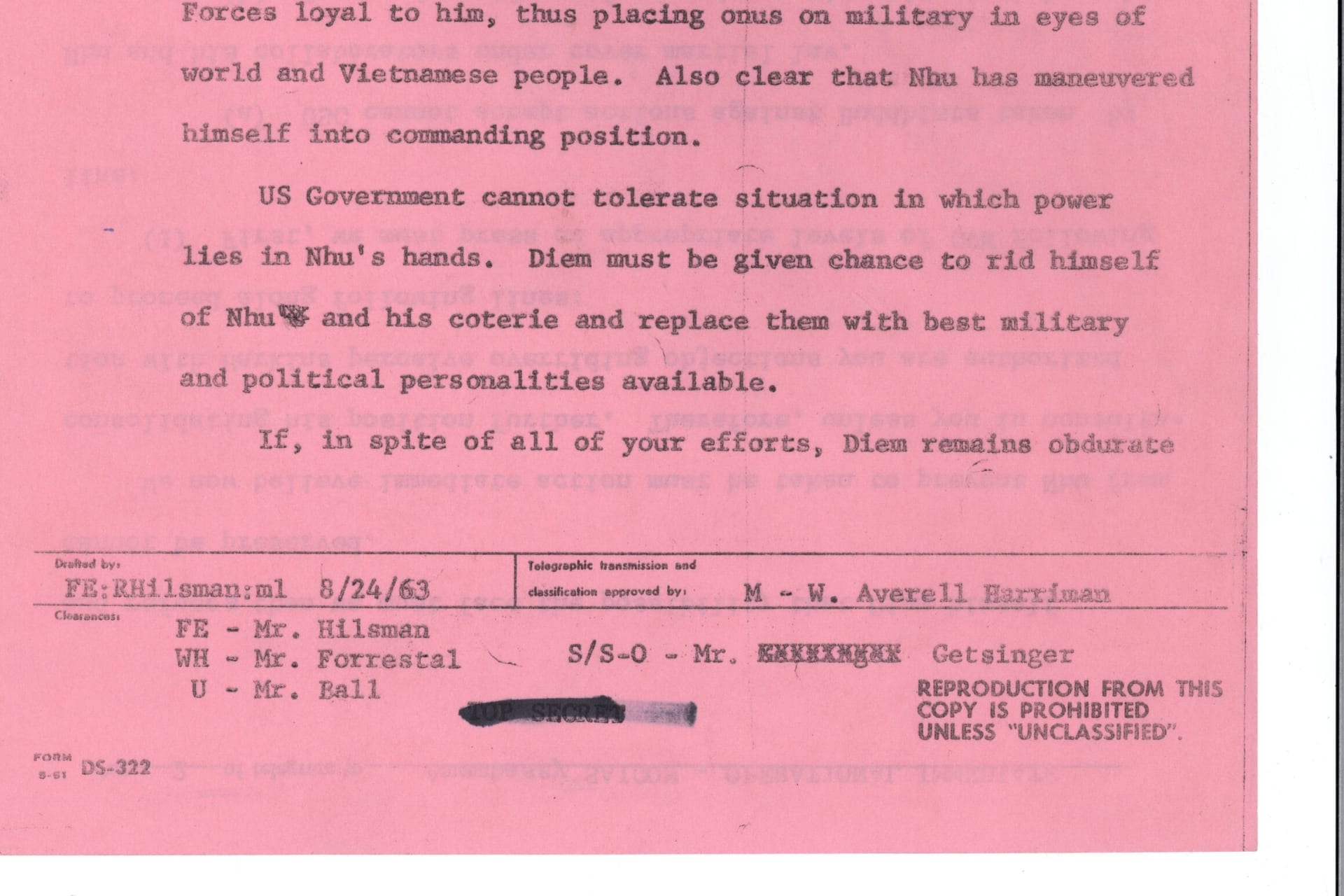<p>The front page of Cable 243 to U.S. Ambassador Henry Cabot Lodge, as drafted by Roger Hilsman, August 24, 1963.</p>
