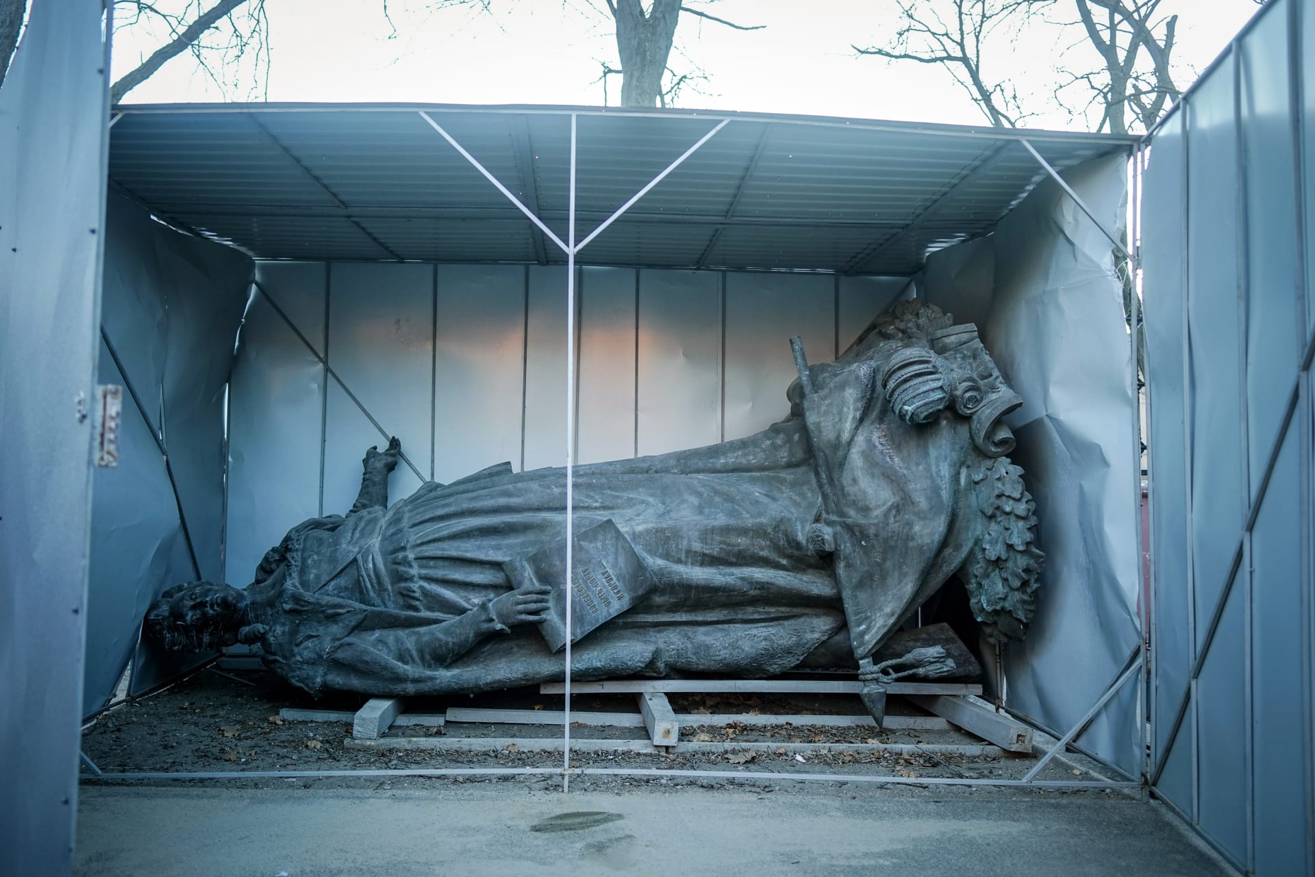 <p>A dismantled statue of Catherine the Great, the former empress of Russia, lies in a corrugated iron hut in front of the Fine Art Museum in the port city of Odesa.</p>