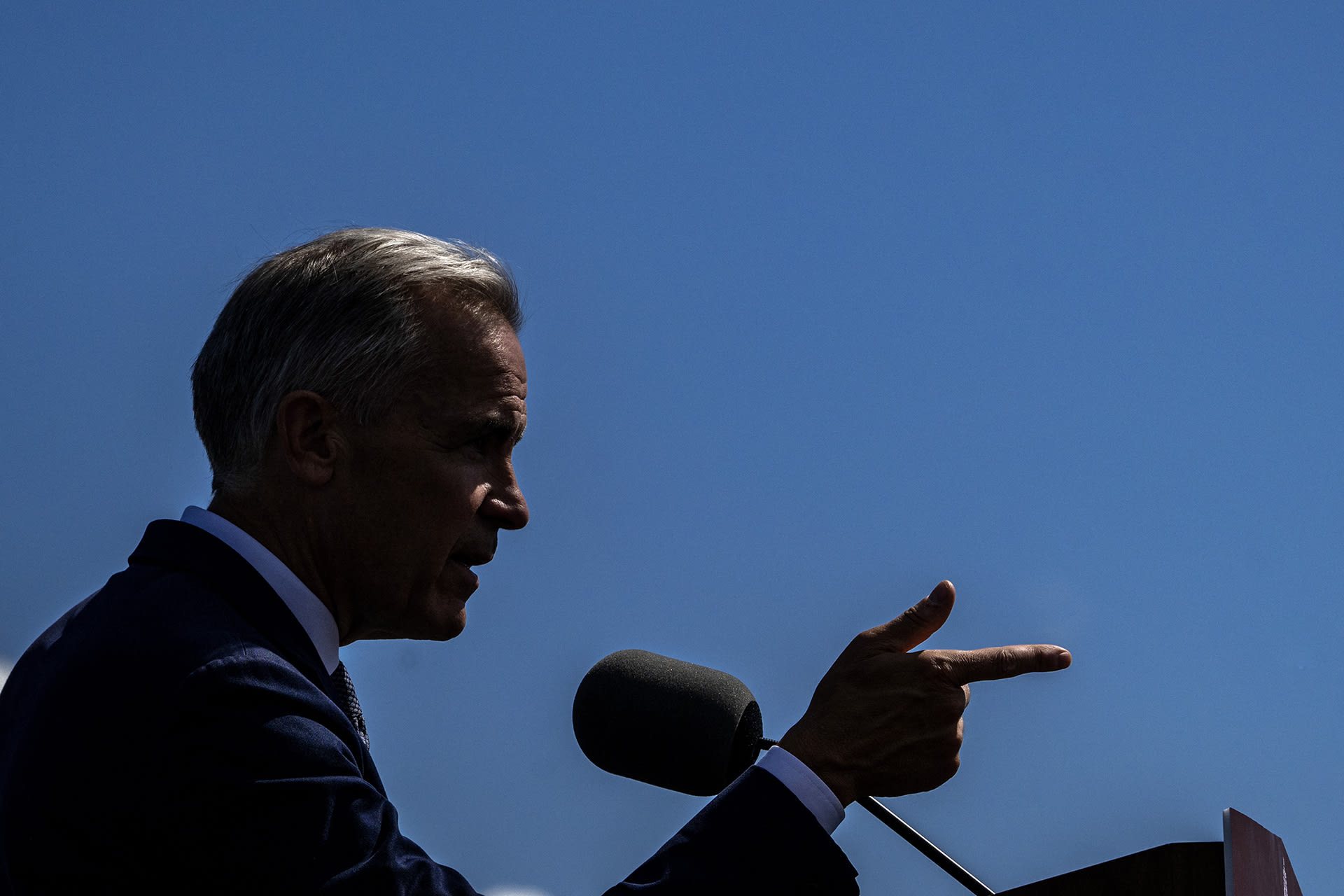 Canadian Prime Minister Mark Carney speaks about the trade dispute with the United States at the Davie Shipyard in Levis, Quebec, Canada on August 24, 2026.
