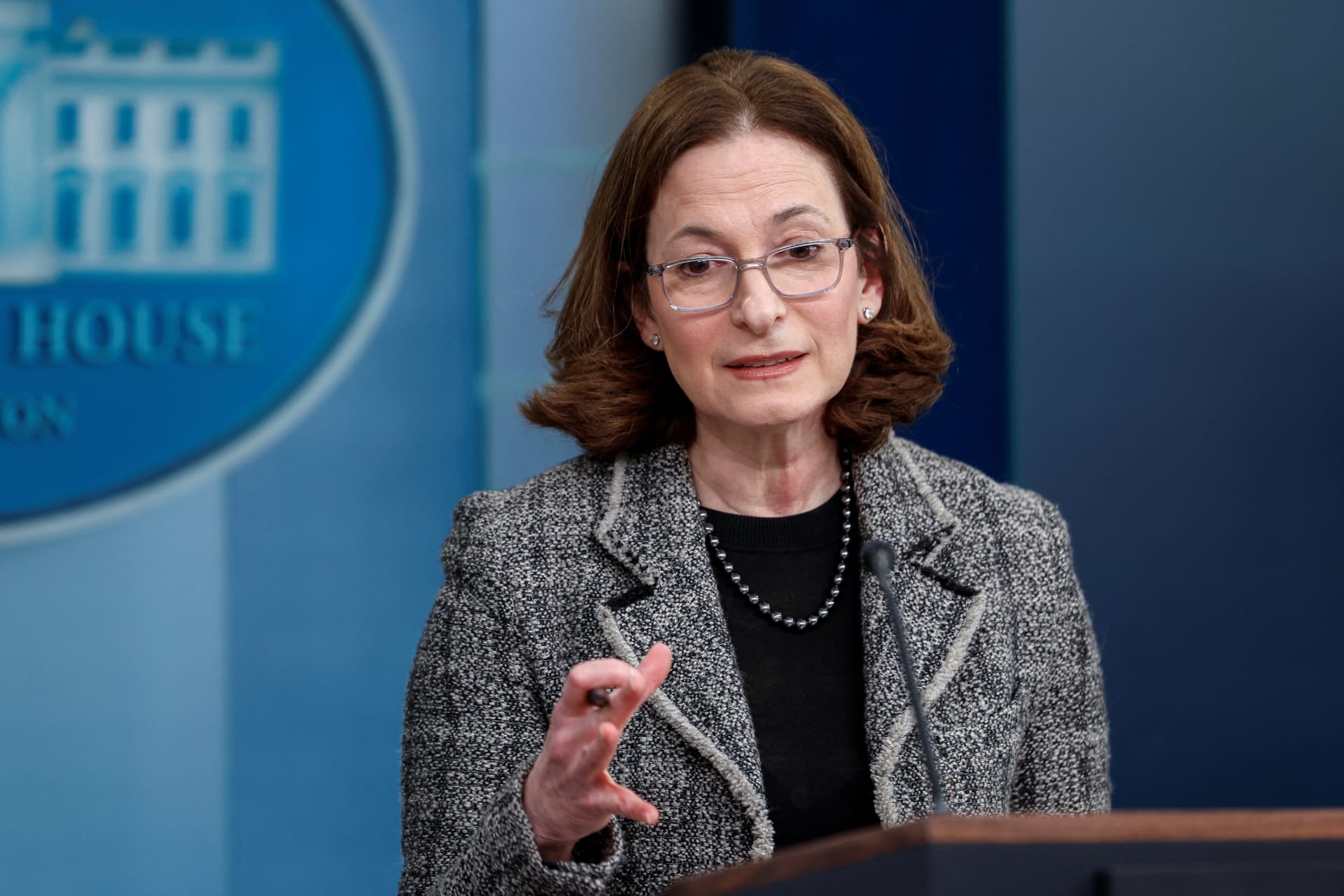 Jennifer Klein speaks with reporters at the White House