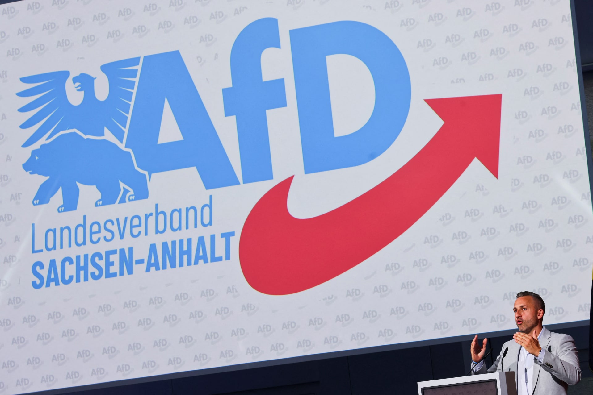 Ulrich Siegmund, the lead candidate of the far-right Alternative for Germany (AfD) in the Saxony-Anhalt state election, gestures as he addresses a party meeting in Magdeburg, Germany.
