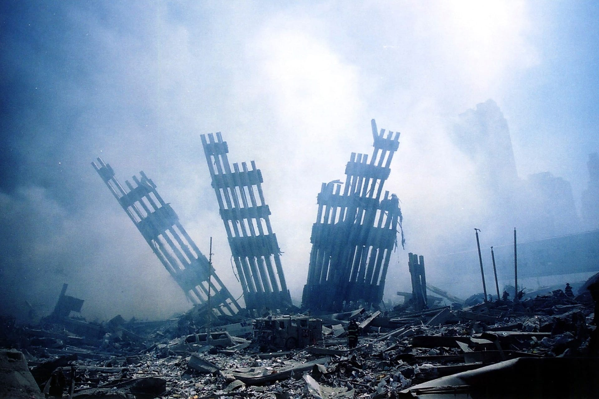 A photo of the rubble of the World Trade Center following the September 11, 2001 terrorist attack in New York