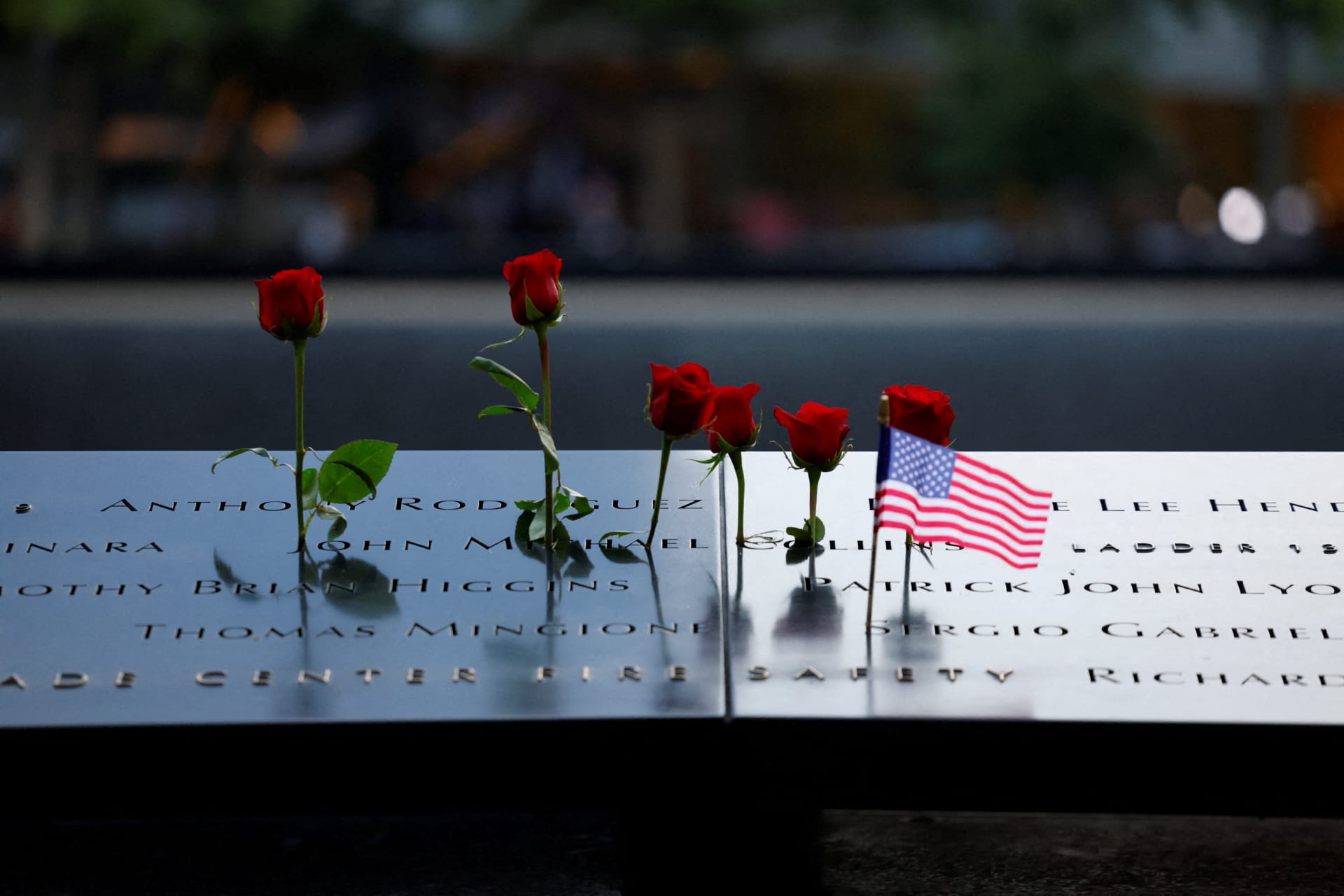 Roses on the South Pool ahead of a ceremony marking the 24th anniversary of the September 11, 2001 attacks on the World Trade Center at the 9/11 Memorial and Museum in the Manhattan borough of New York City, U.S., September 11, 2025. REUTERS/Kylie Cooper
