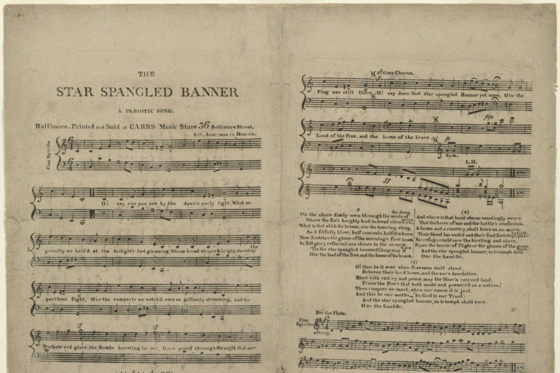 <p>The first sheet music publication of “The Star-Spangled Banner” by Thomas Carr, November, 1814.</p>
