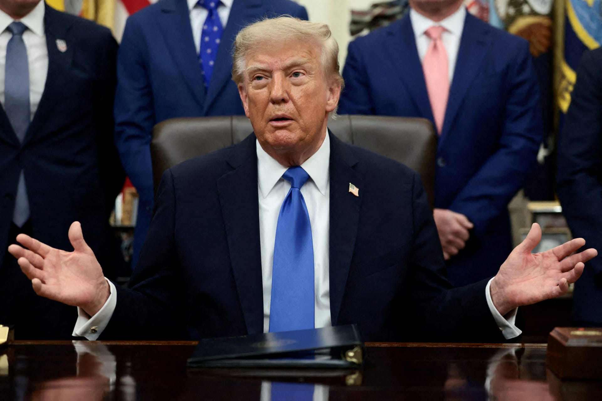 U.S. President Trump meets with travel executives in the Oval Office at the White House in Washington