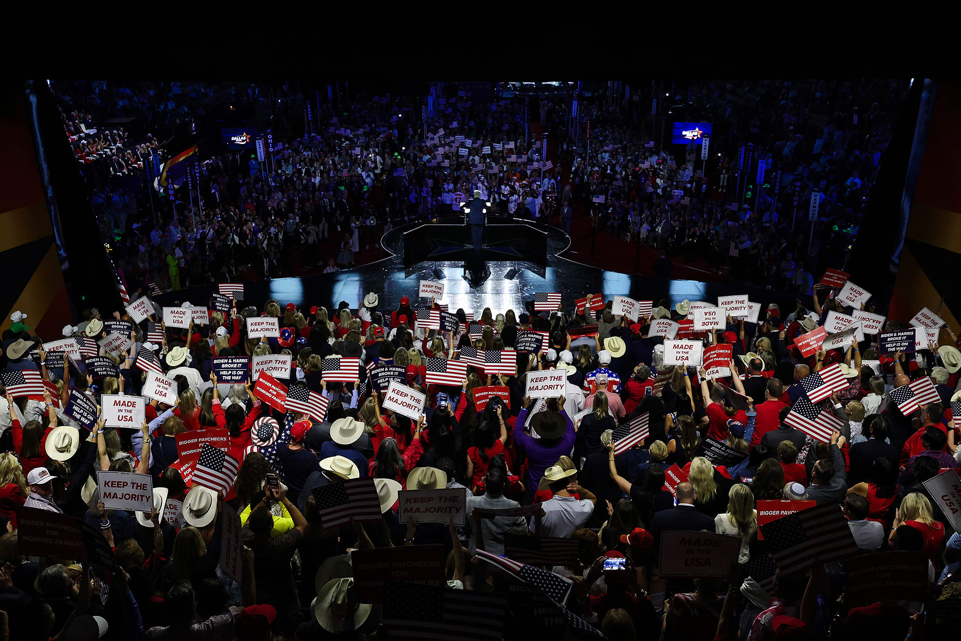 Supporters cheer behind U.S. President Donald Trump as he speaks on the first day of the 2026 Republican National Convention at the American Airlines Center on September 09, 2026 in Dallas, Texas.