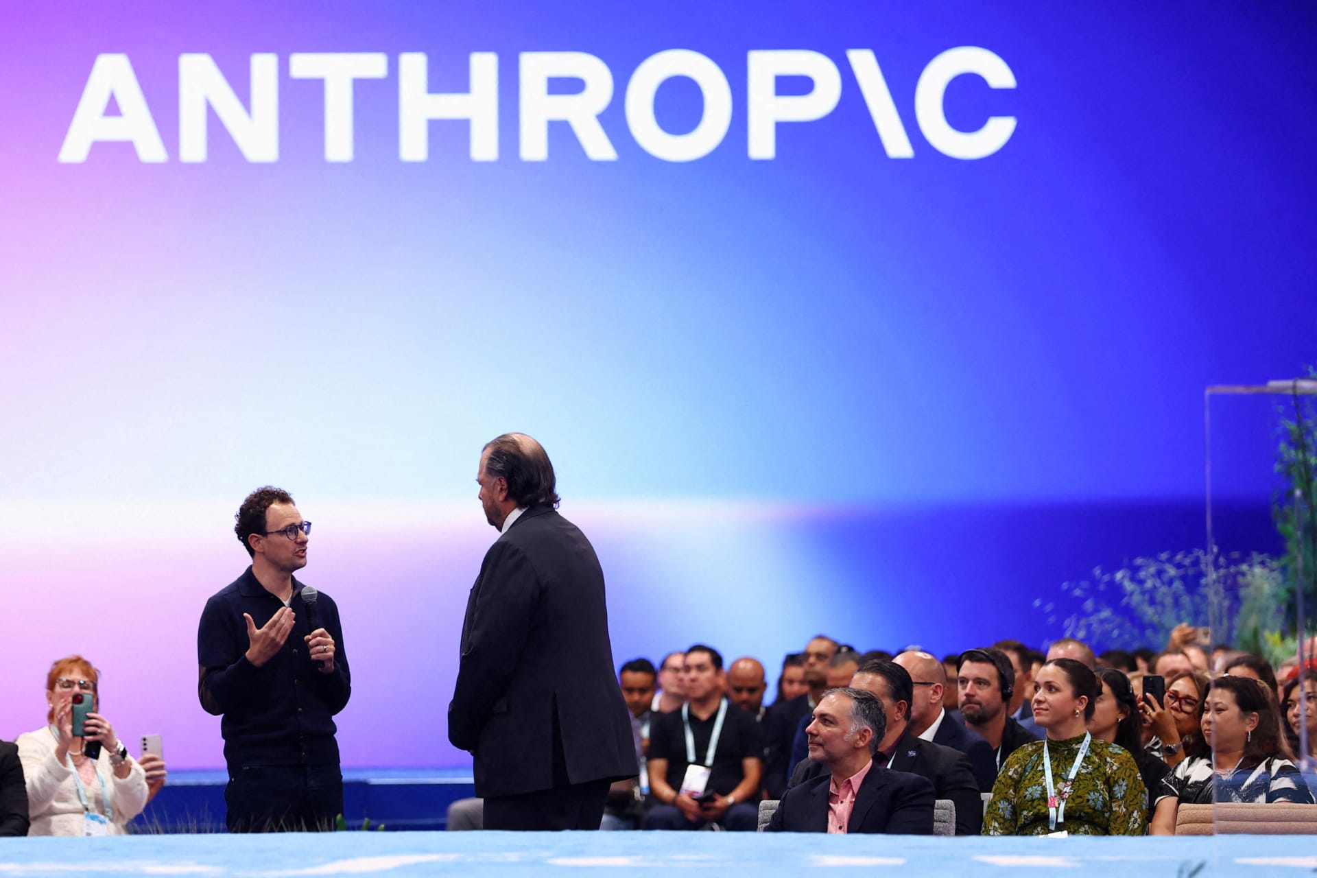 <p>Anthropic Cofounder and CEO Dario Amodei (left), and Salesforce CEO and Cofounder Marc Benioff (right), attend the Dreamforce 2026 summit in San Francisco, California, on September 15, 2026.</p>
