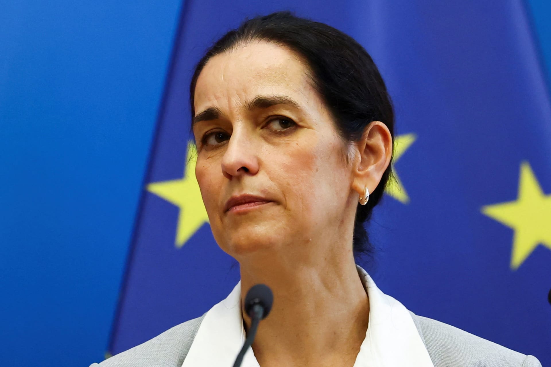 Hungarian Foreign Minister Anita Orban attends a joint press conference.