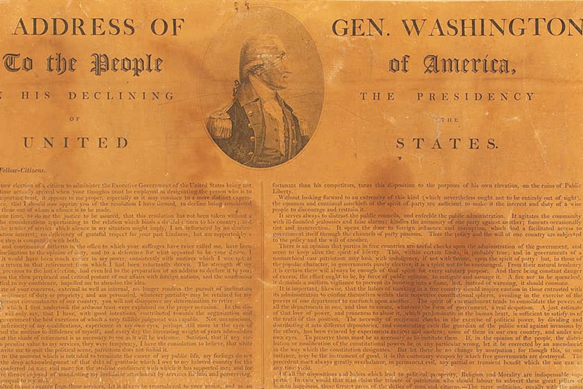 <p>The front page of “The Address of Gen. Washington To the People of America on His Declining of the Presidency of the United States,” published in the <i>American Daily Adverstiser, </i>Philadelphia, September 19, 1796<i>.</i></p>
