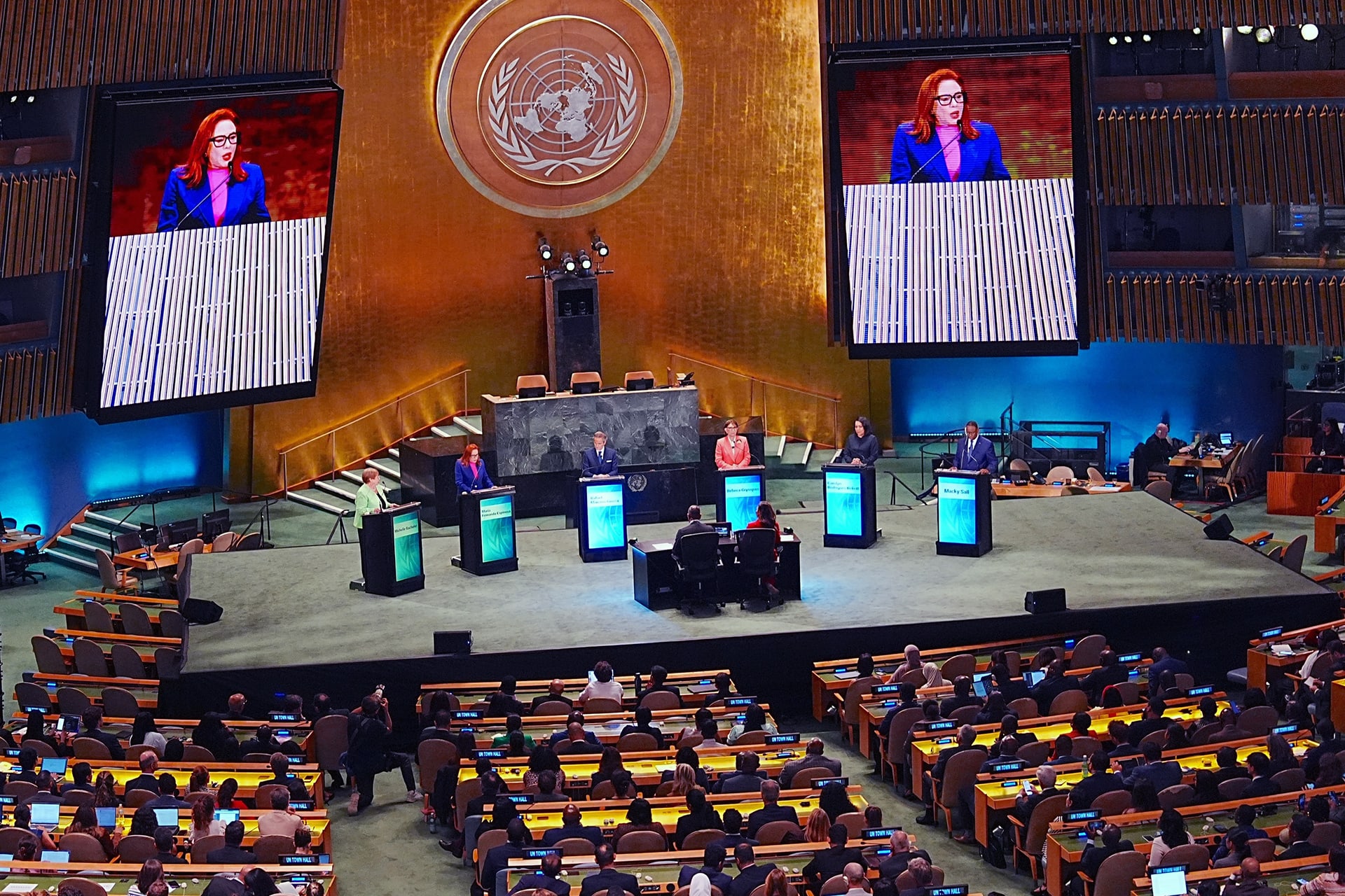 <p>From left to right, Michelle Bachelet, María Fernanda Espinosa, Rafael Grossi, Rebeca Grynspan, Carolyn Rodrigues Birkett, and Macky Sall take part in a UN town hall at the UN Headquarters in New York City, on July 23, 2026.</p>
