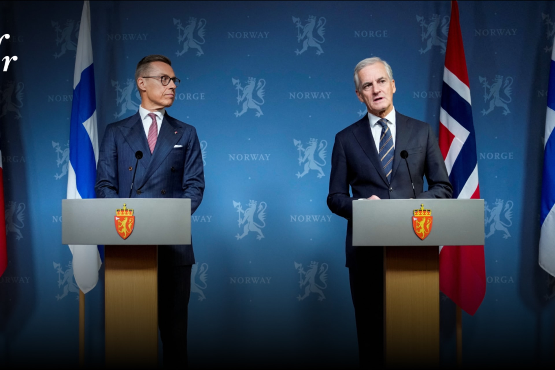 Finnish President Alexander Stubb and Norwegian Prime Minister Jonas Gahr Store attend a press conference in Oslo
