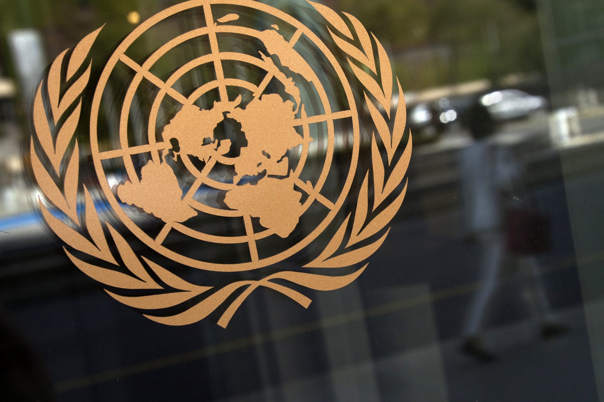 The logo of the United Nations is seen on the outside of their headquarters in New York.