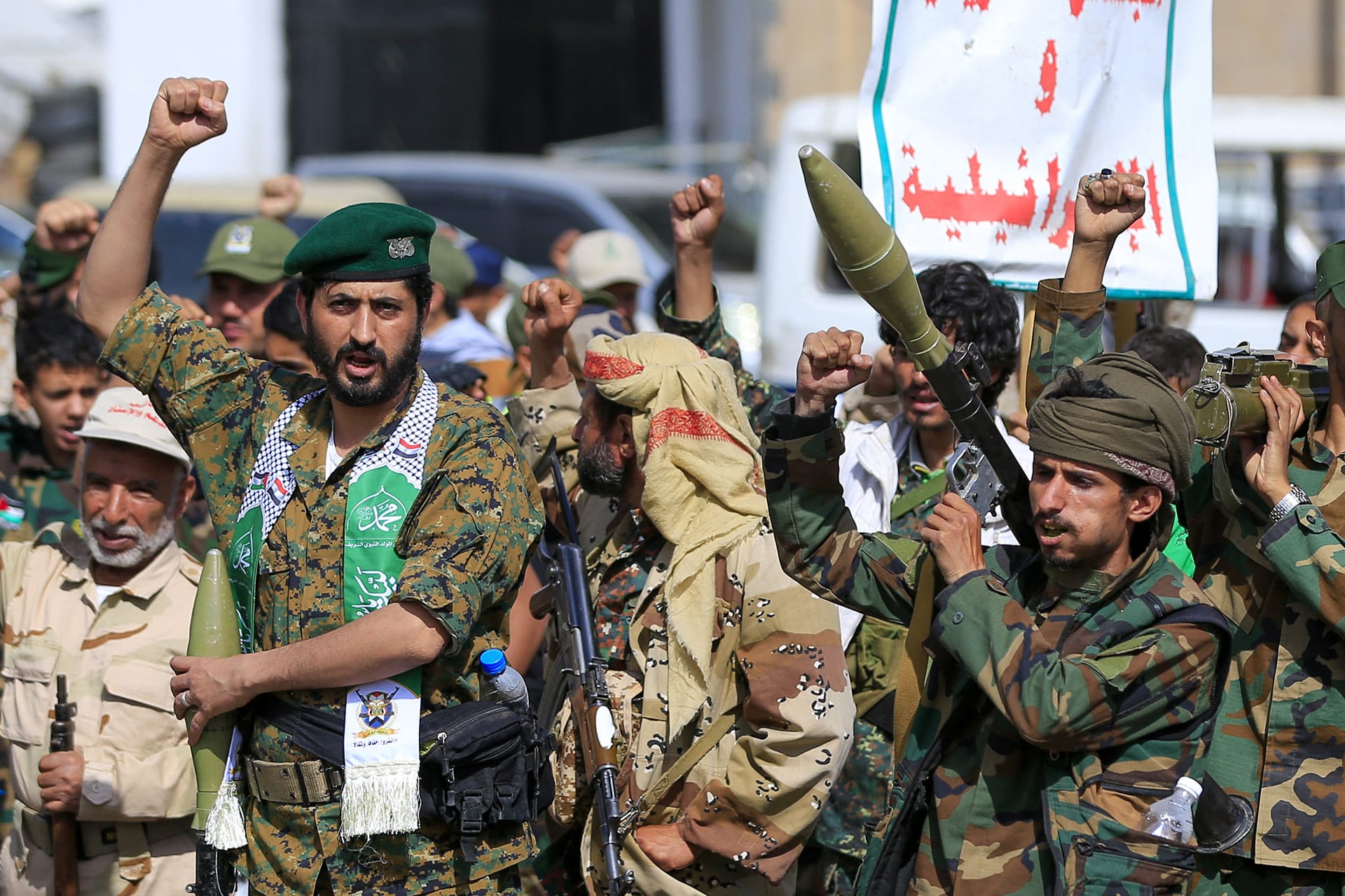 Fighters loyal to the Houthi authorities, shouts slogans during a rally to recruit more fighters, in Sanaa on September 10, 2026.