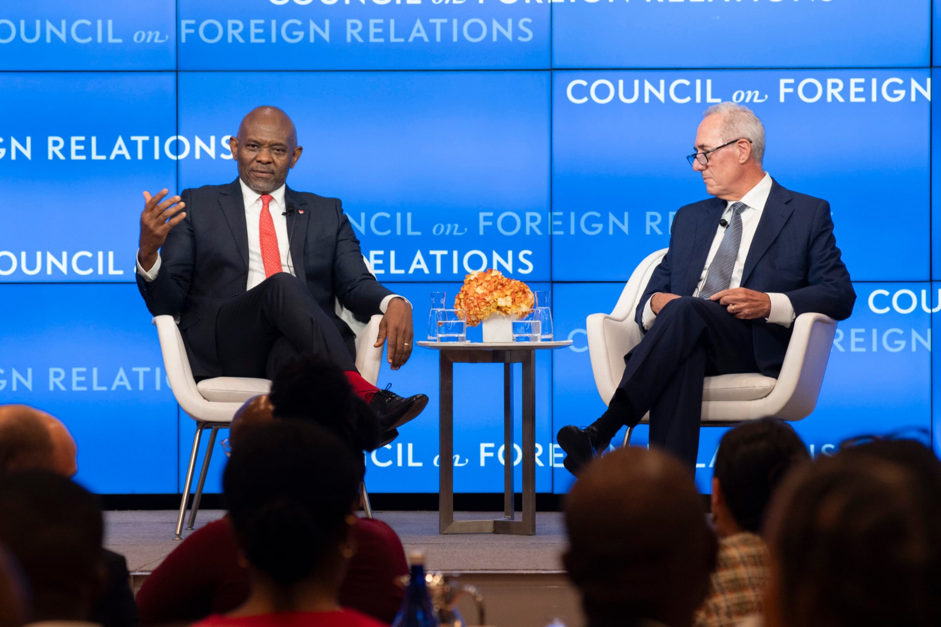 Mike Froman and Tony Elumelu on CFR's stage.