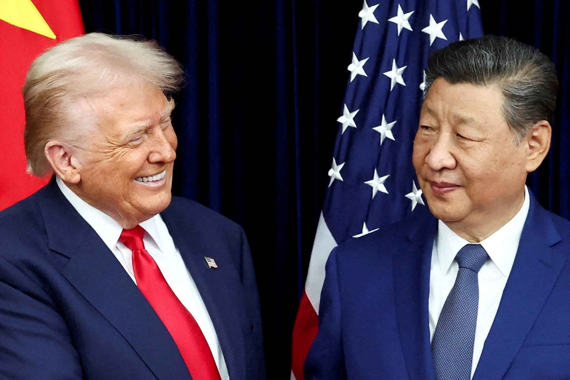 <p>U.S. President Donald Trump and Chinese President Xi Jinping react as they hold a bilateral meeting at Gimhae International Airport, on the sidelines of the Asia-Pacific Economic Cooperation (APEC) summit, in Busan, South Korea, October 30, 2025.</p>