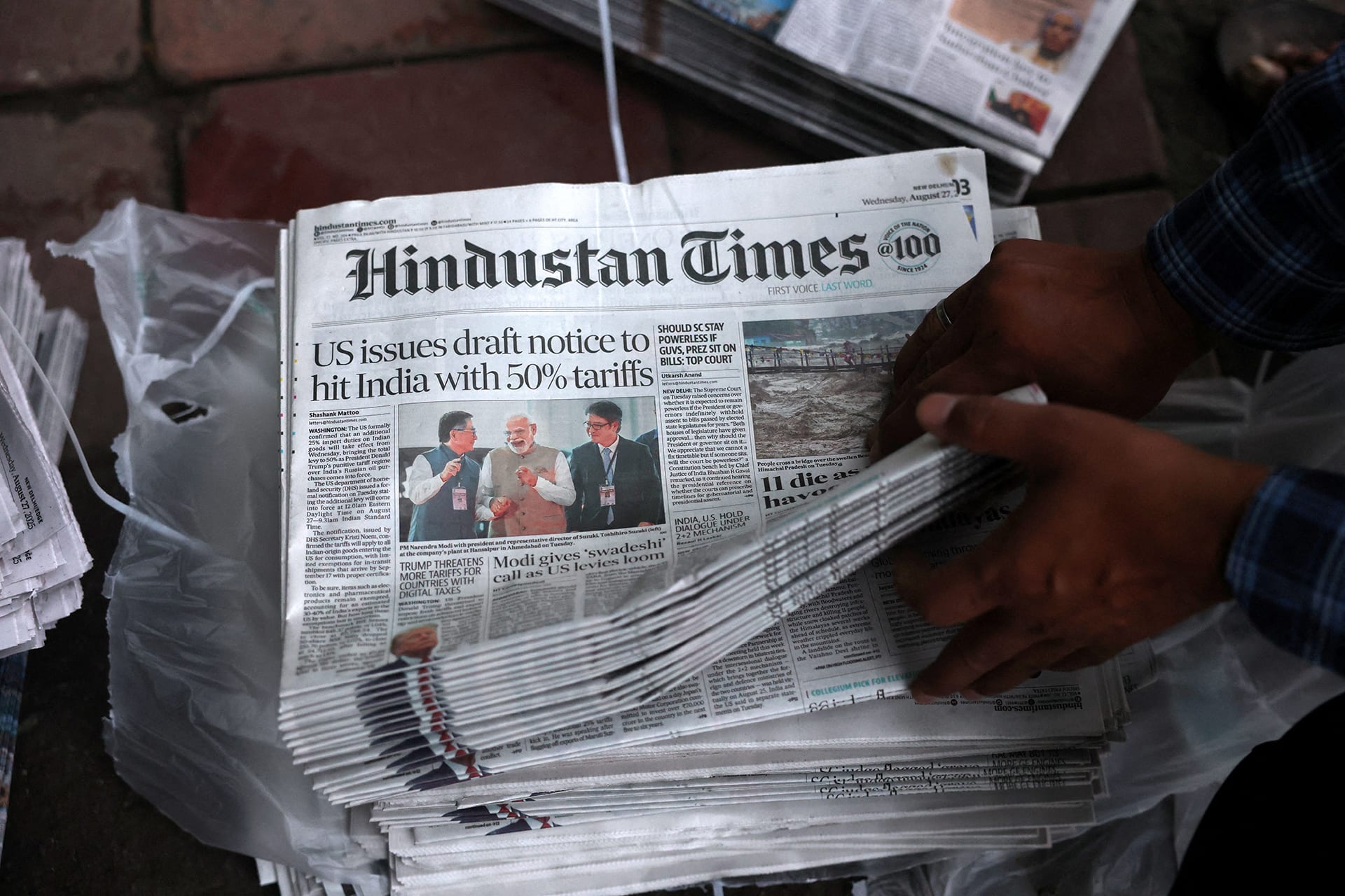 <p>The <em>Hindustan Times</em> reporting on U.S. tariffs on August 27, 2025.</p>